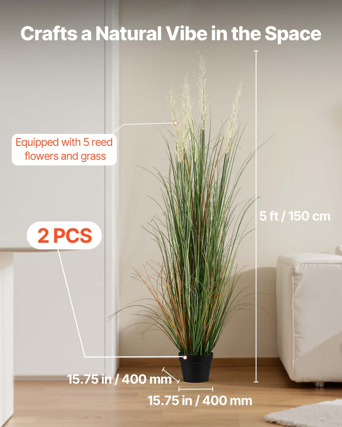 Artificial Grass Plant 2Pack 1499mm Faux Reed PVC Greenery Pot Indoor Outdoor