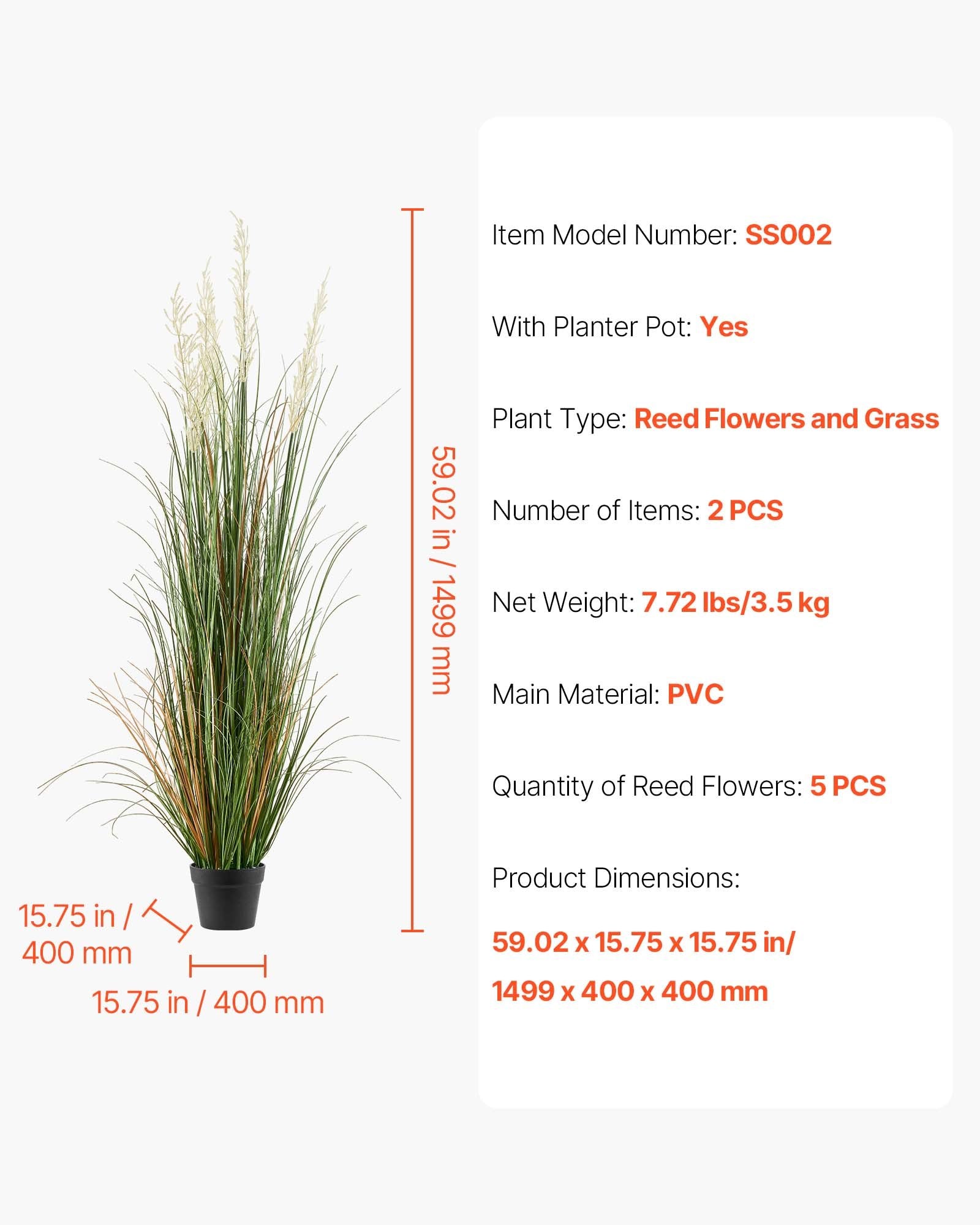 Artificial Grass Plant 2Pack 1499mm Faux Reed PVC Greenery Pot Indoor Outdoor
