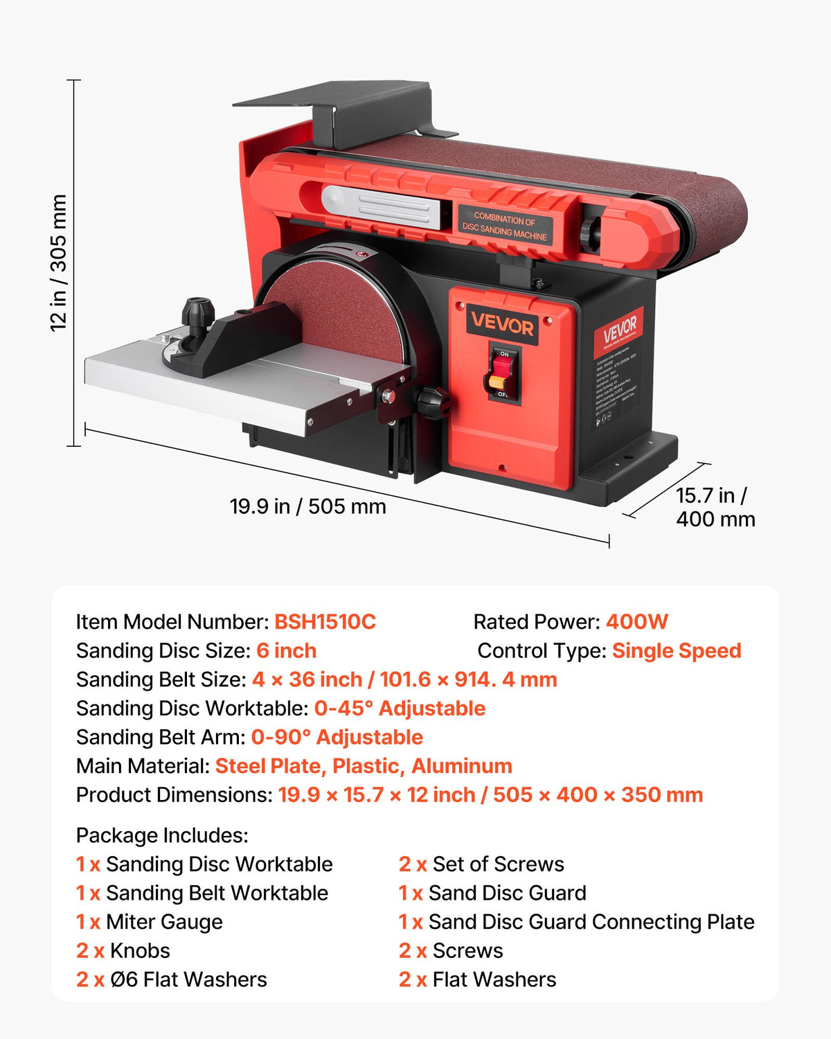 6" Disc and Belt Sander Combo 400W Adjustable Worktable Woodworking Tool