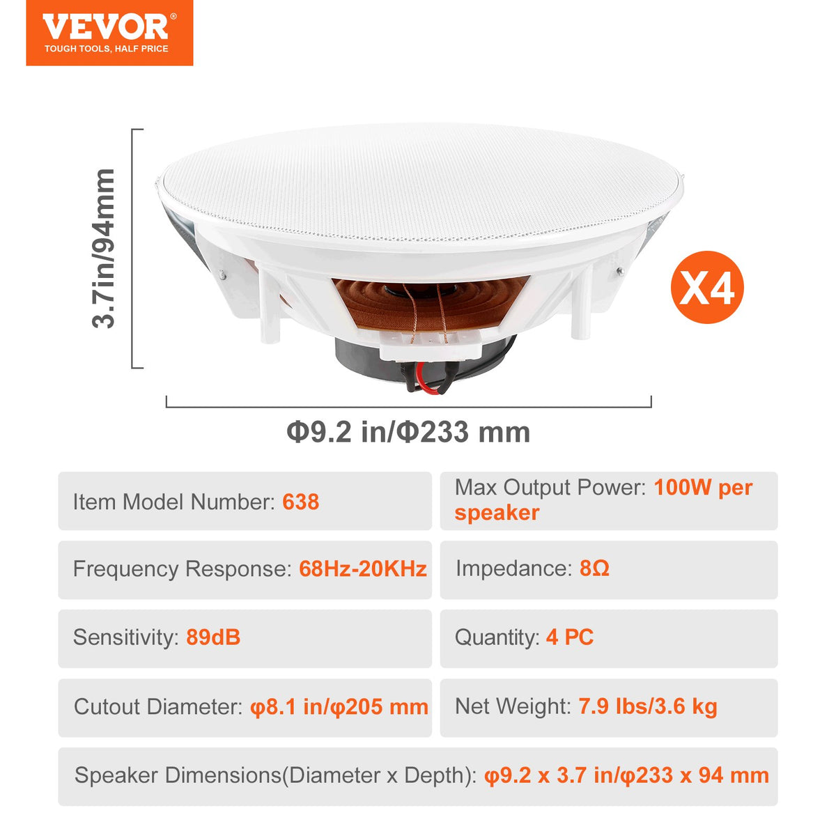 Ceiling Speakers, 4 PCs 203.2mm 100W Flush Mount In-Wall Speaker System 8Ω 89dB