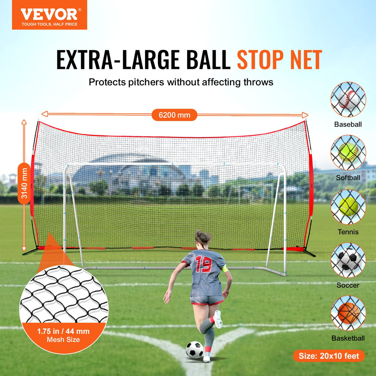 Barricade Backstop Net 20x10ft Portable Ball Sports Barrier with Carry Bag