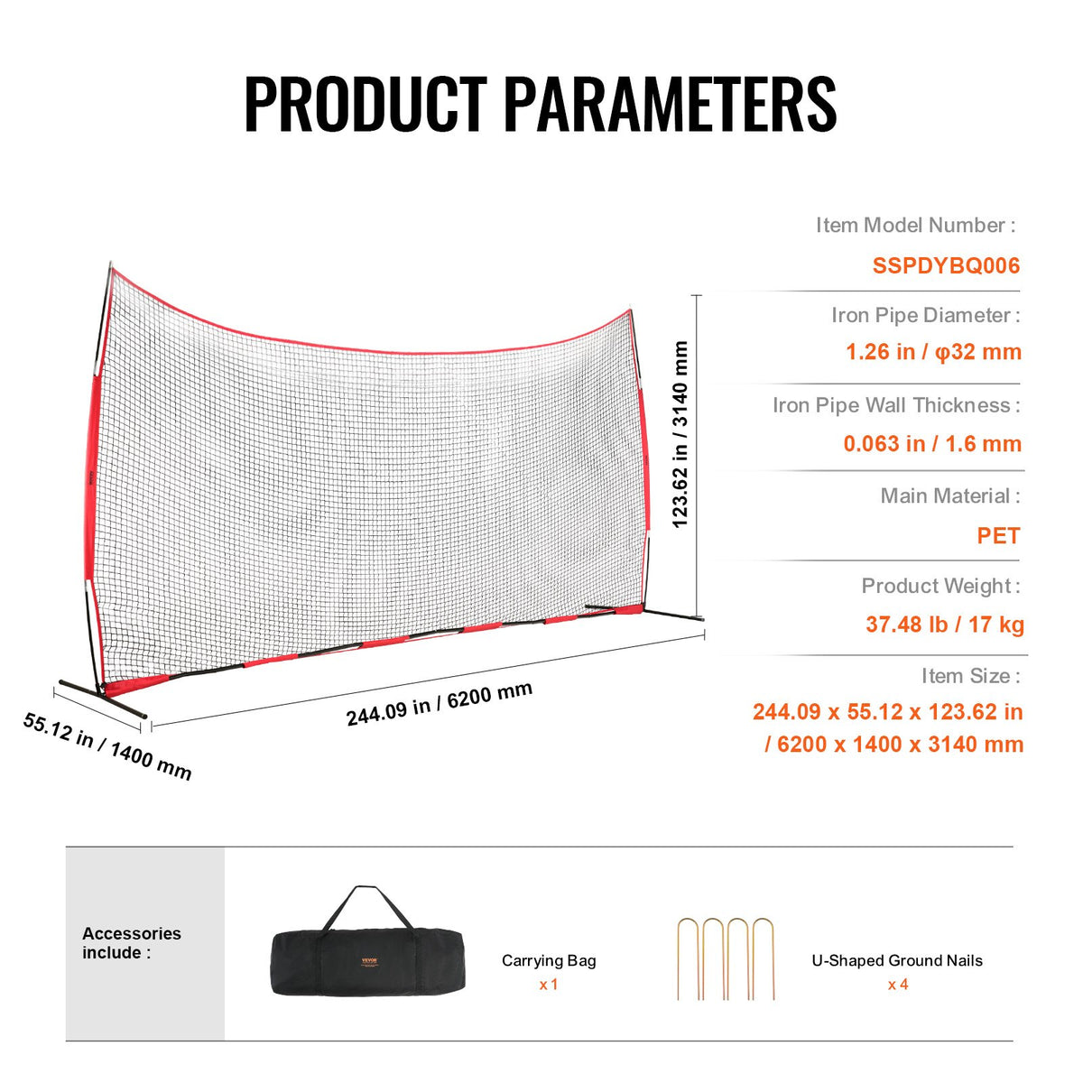 Barricade Backstop Net 20x10ft Portable Ball Sports Barrier with Carry Bag