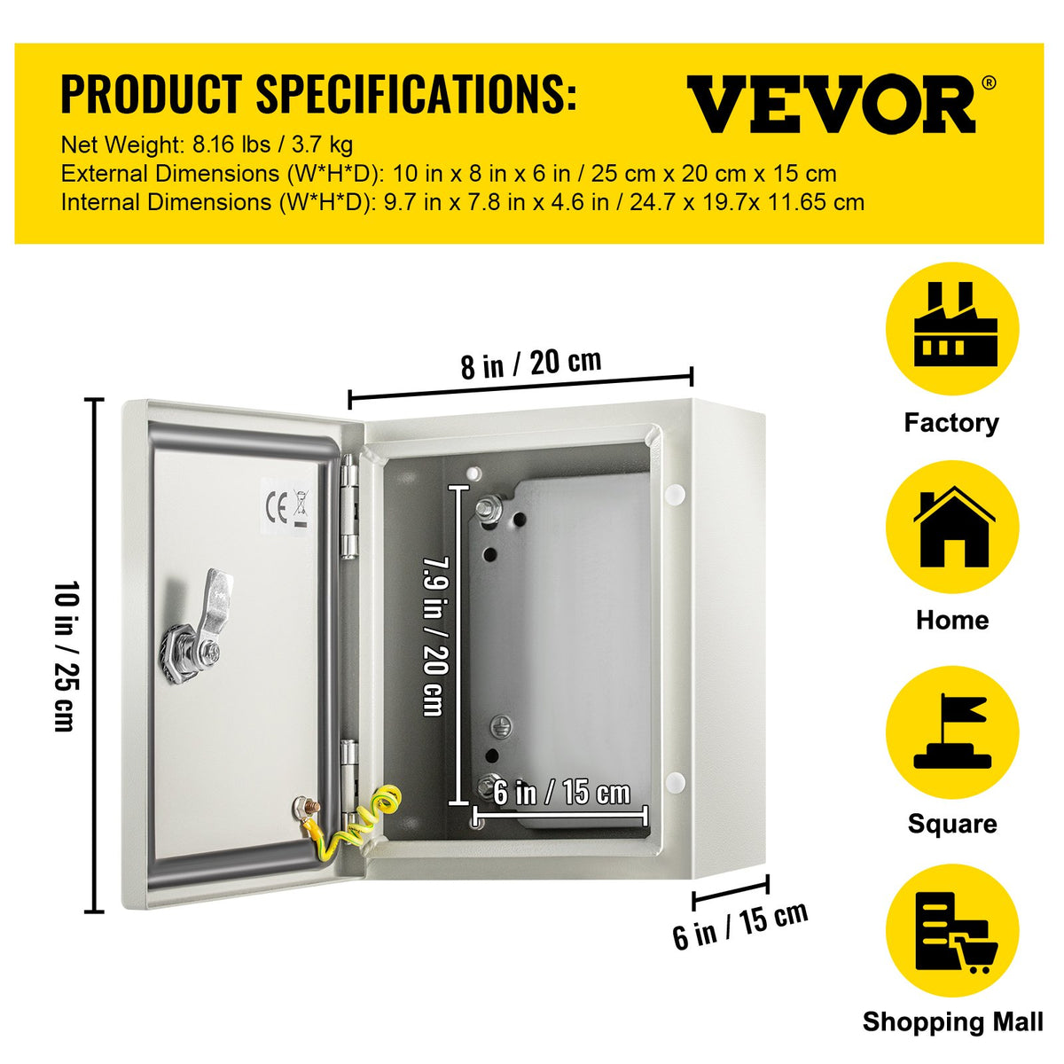 Electrical Enclosure 25x20x15cm NEMA 4X Steel IP66 Waterproof Junction Box