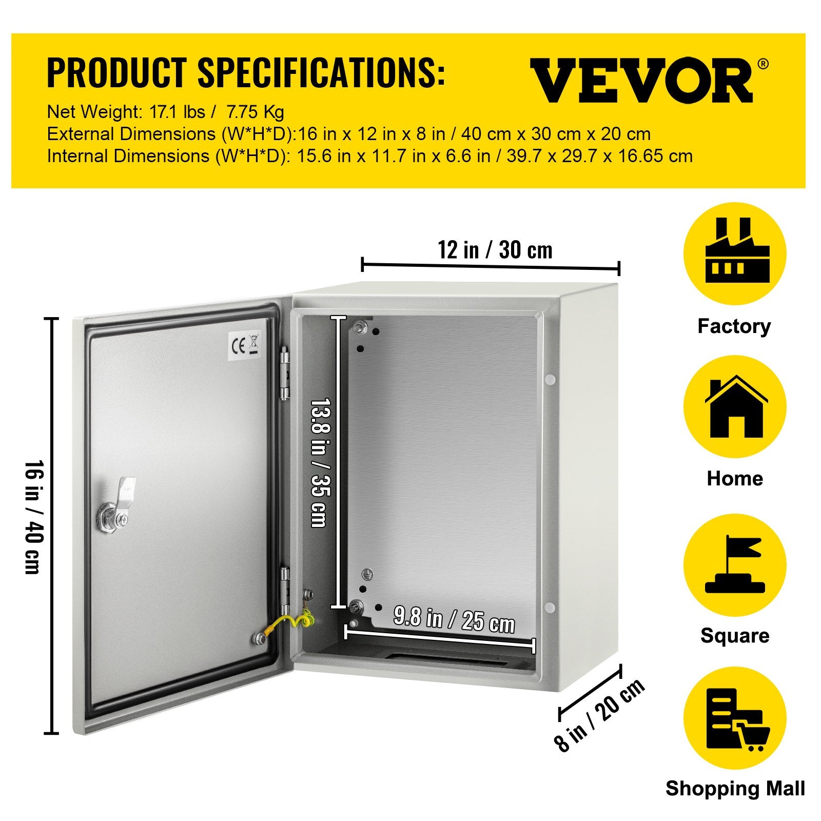 Steel Electrical Box 16x12x8" Carbon Steel Hinged IP65 Wall-Mounted Enclosure