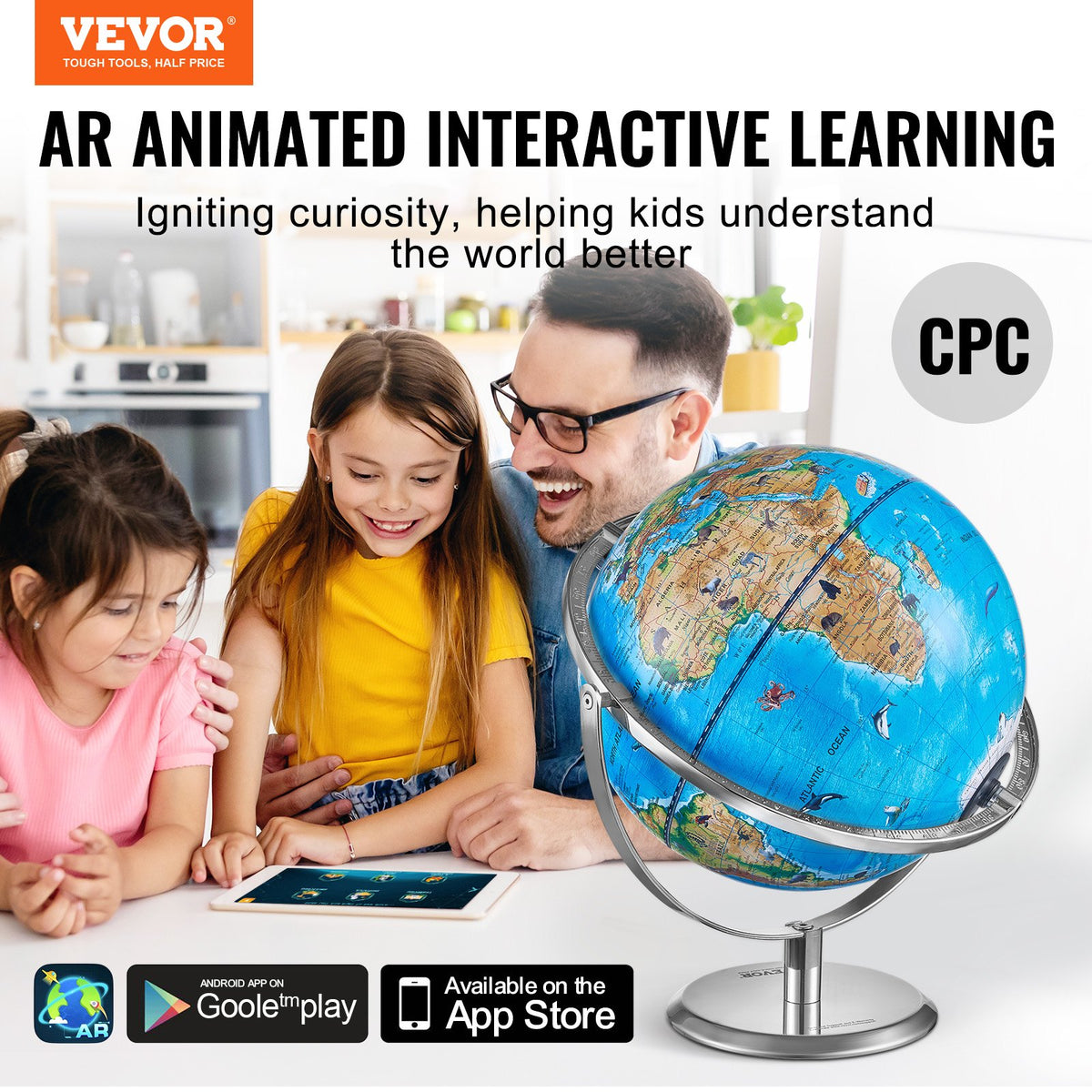 Interactive 254mm AR Educational Globe for Kids with LED Light and 720° Rotation