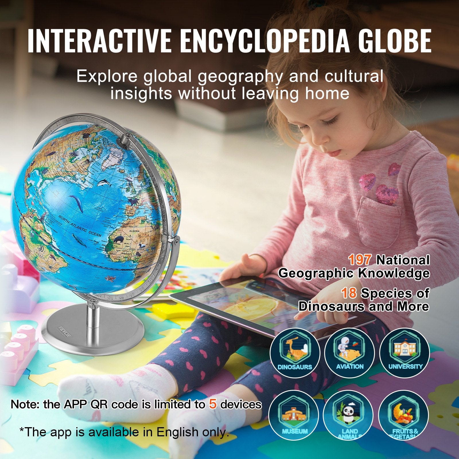 Interactive 254mm AR Educational Globe for Kids with LED Light and 720° Rotation