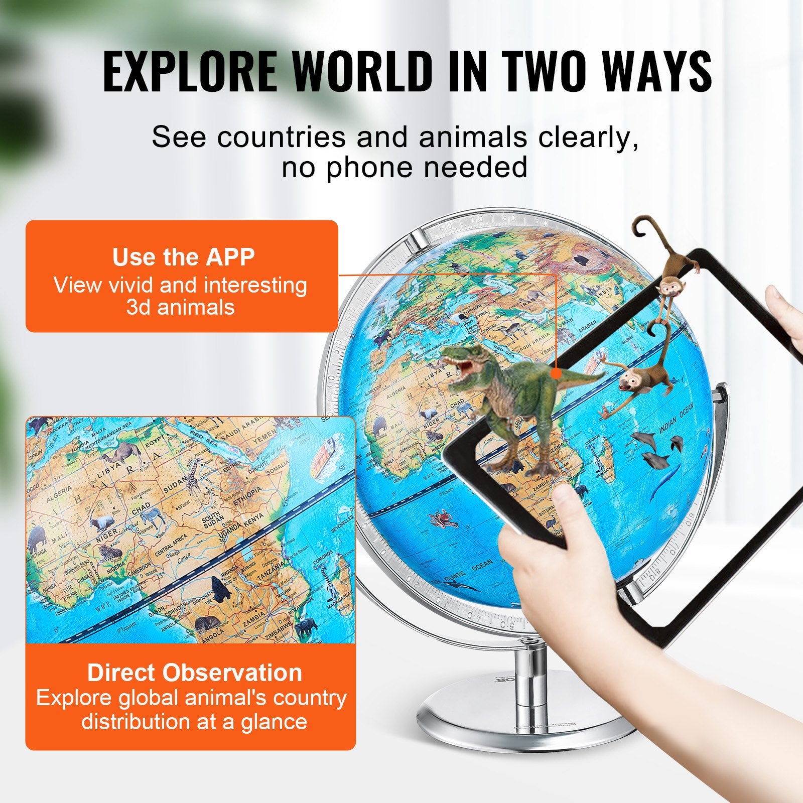 Interactive 254mm AR Educational Globe for Kids with LED Light and 720° Rotation