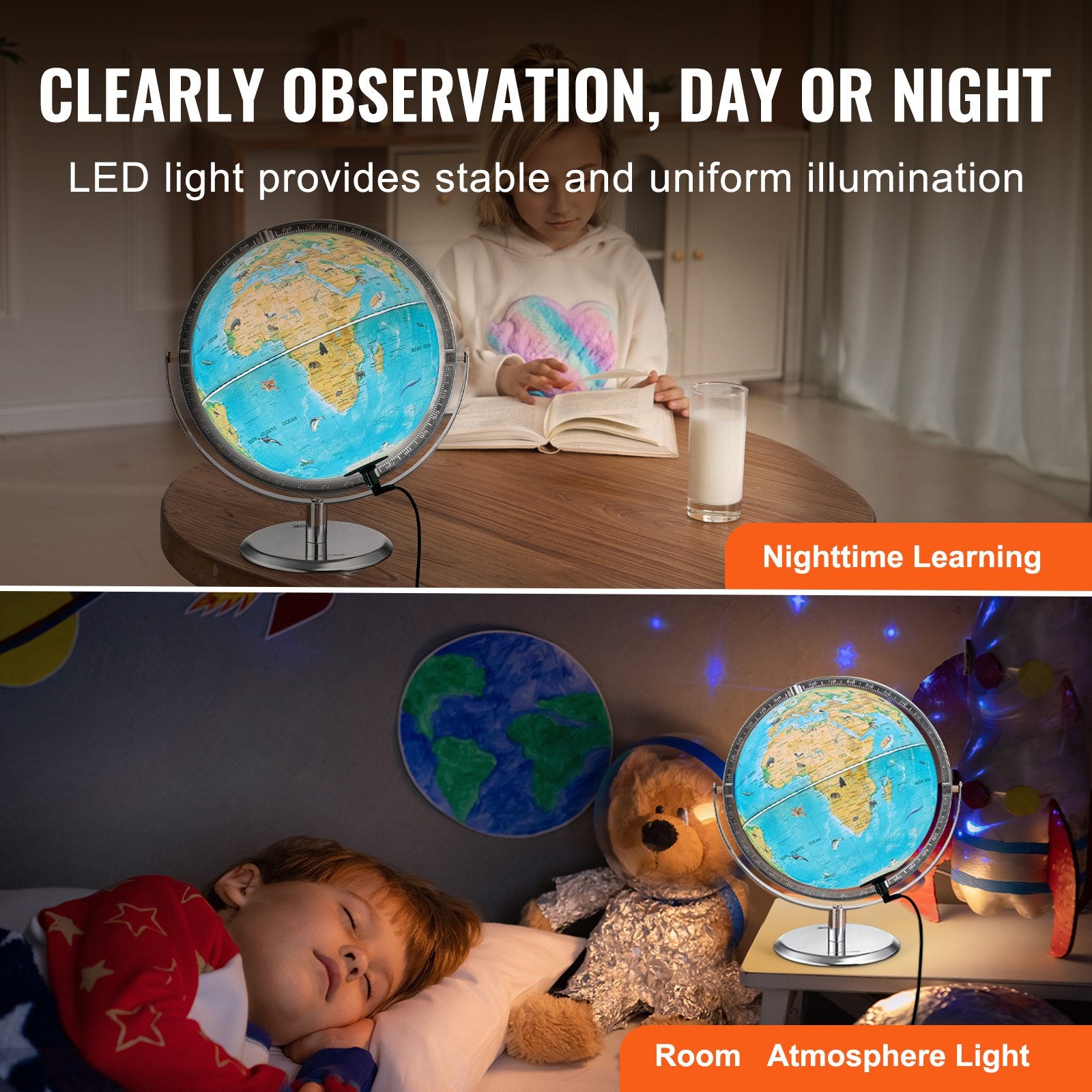 Interactive 254mm AR Educational Globe for Kids with LED Light and 720° Rotation