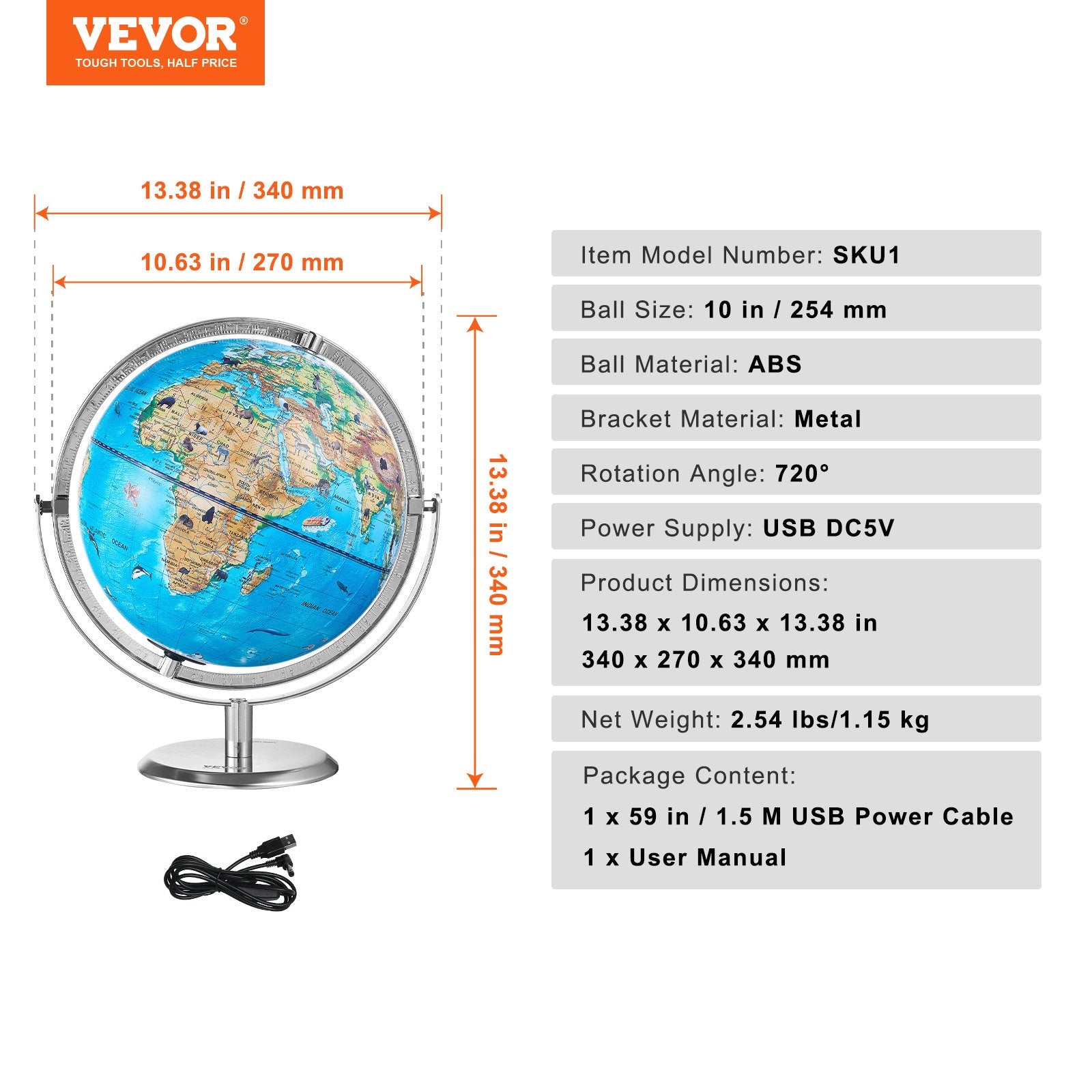 Interactive 254mm AR Educational Globe for Kids with LED Light and 720° Rotation