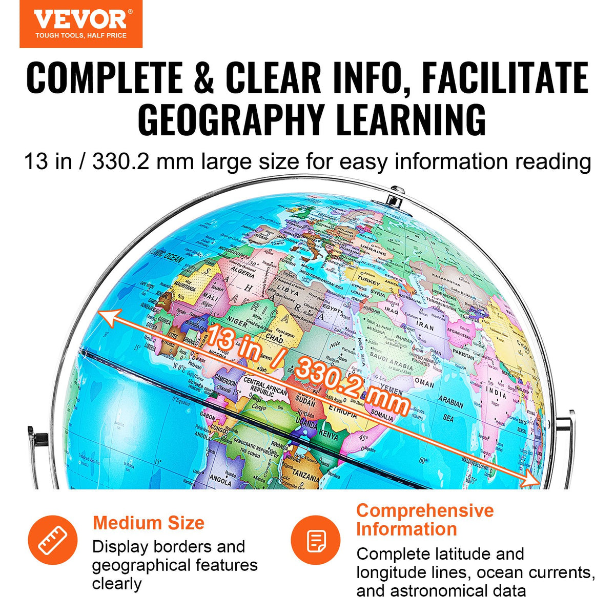 Rotating World Globe with Stand 330.2mm Educational Geographic Globe for Kids