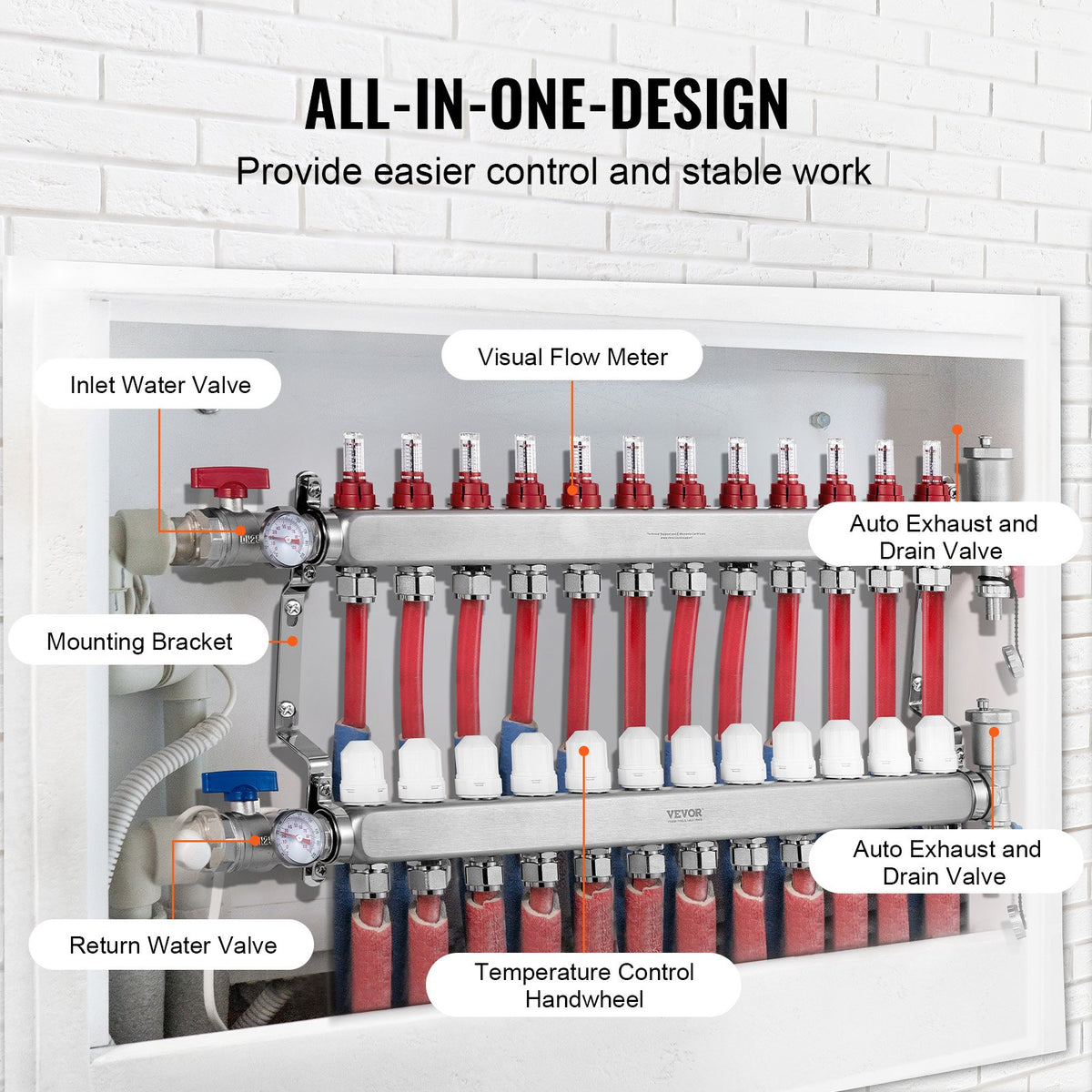 12-Branch Radiant Heat Manifold 1/2" PEX Stainless Steel Floor Heating Kit
