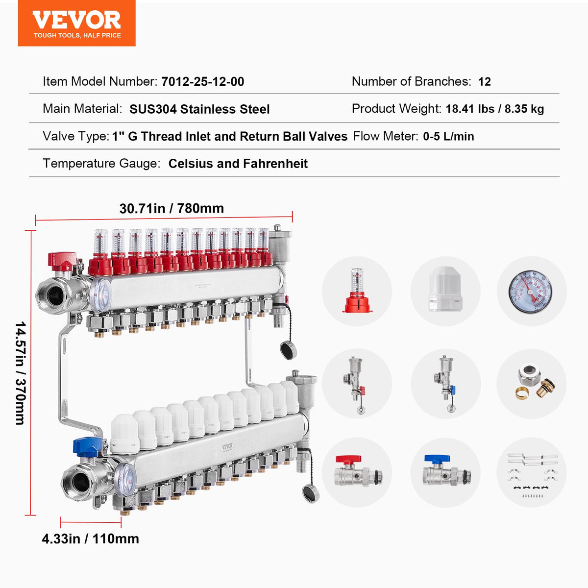 12-Branch Radiant Heat Manifold 1/2" PEX Stainless Steel Floor Heating Kit