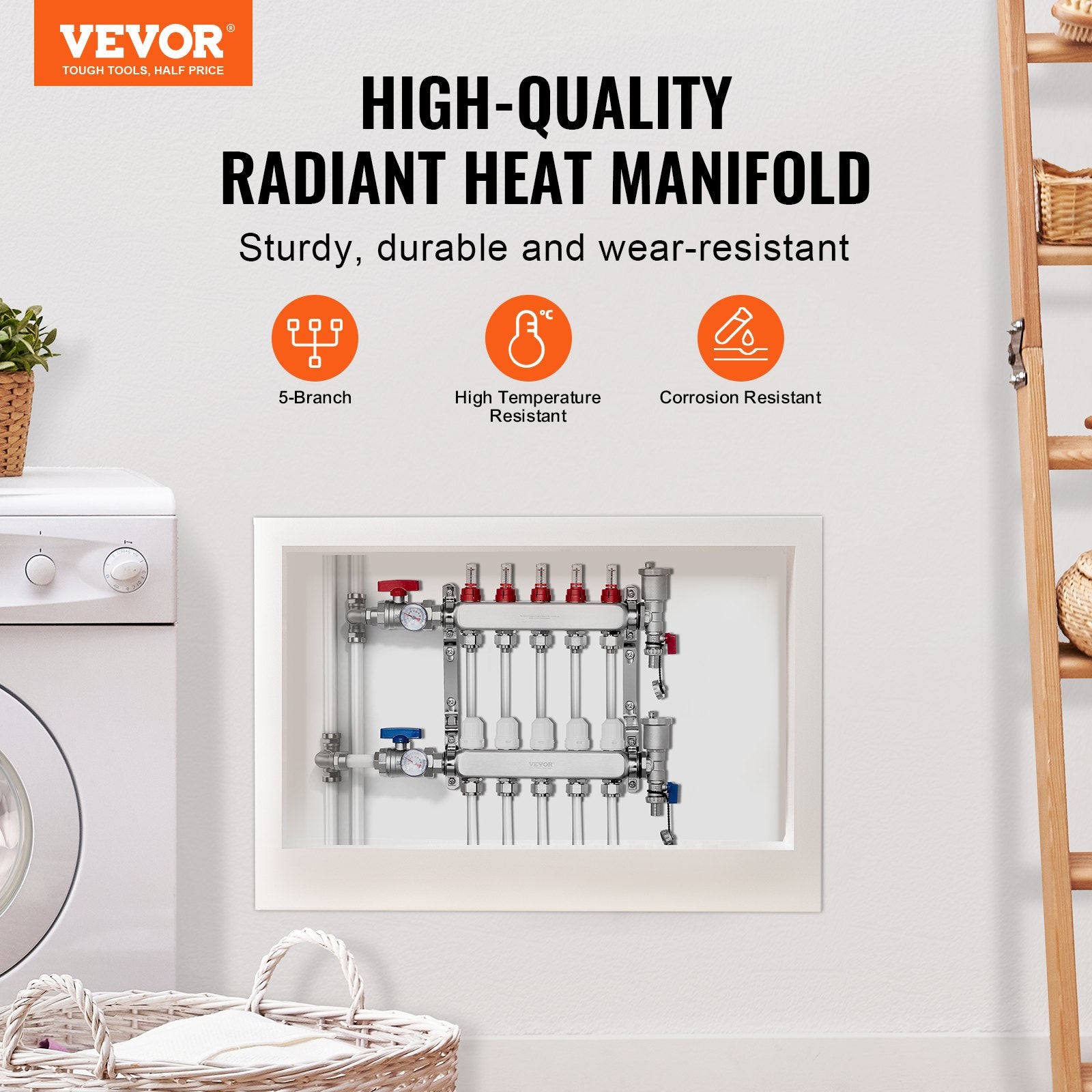 5-Branch Radiant Heat Manifold 1/2" PEX Stainless Steel Floor Heating Kit