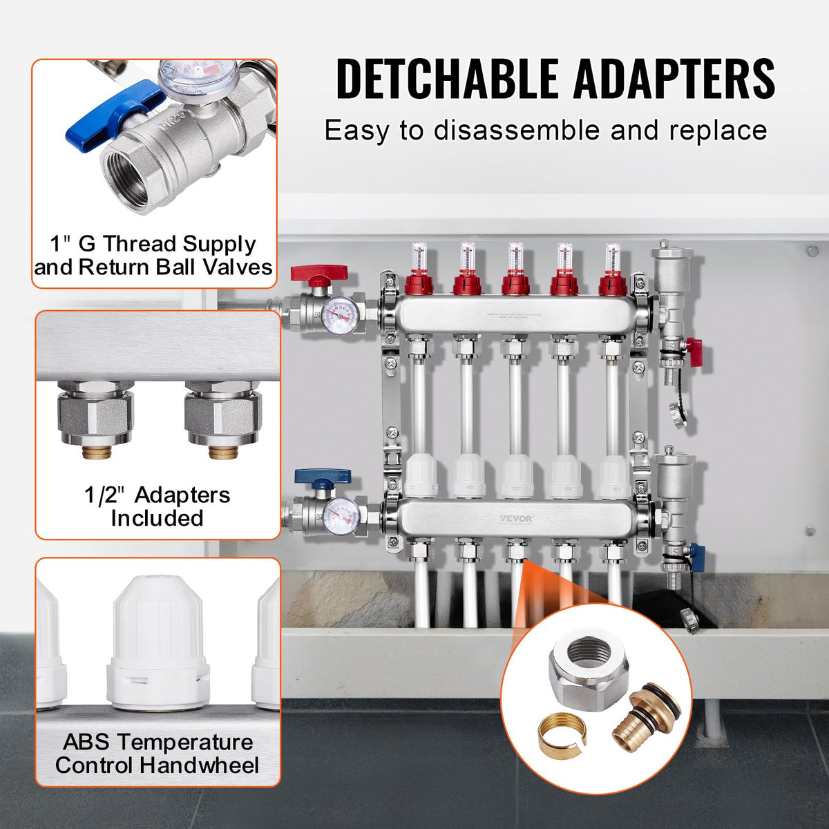 5-Branch Radiant Heat Manifold 1/2" PEX Stainless Steel Floor Heating Kit