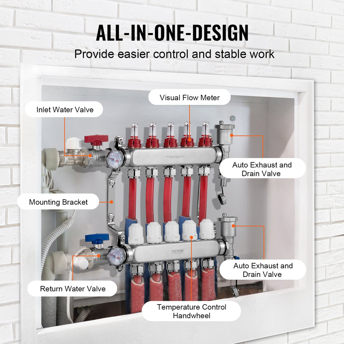 5-Branch Radiant Heat Manifold 1/2" PEX Stainless Steel Floor Heating Kit