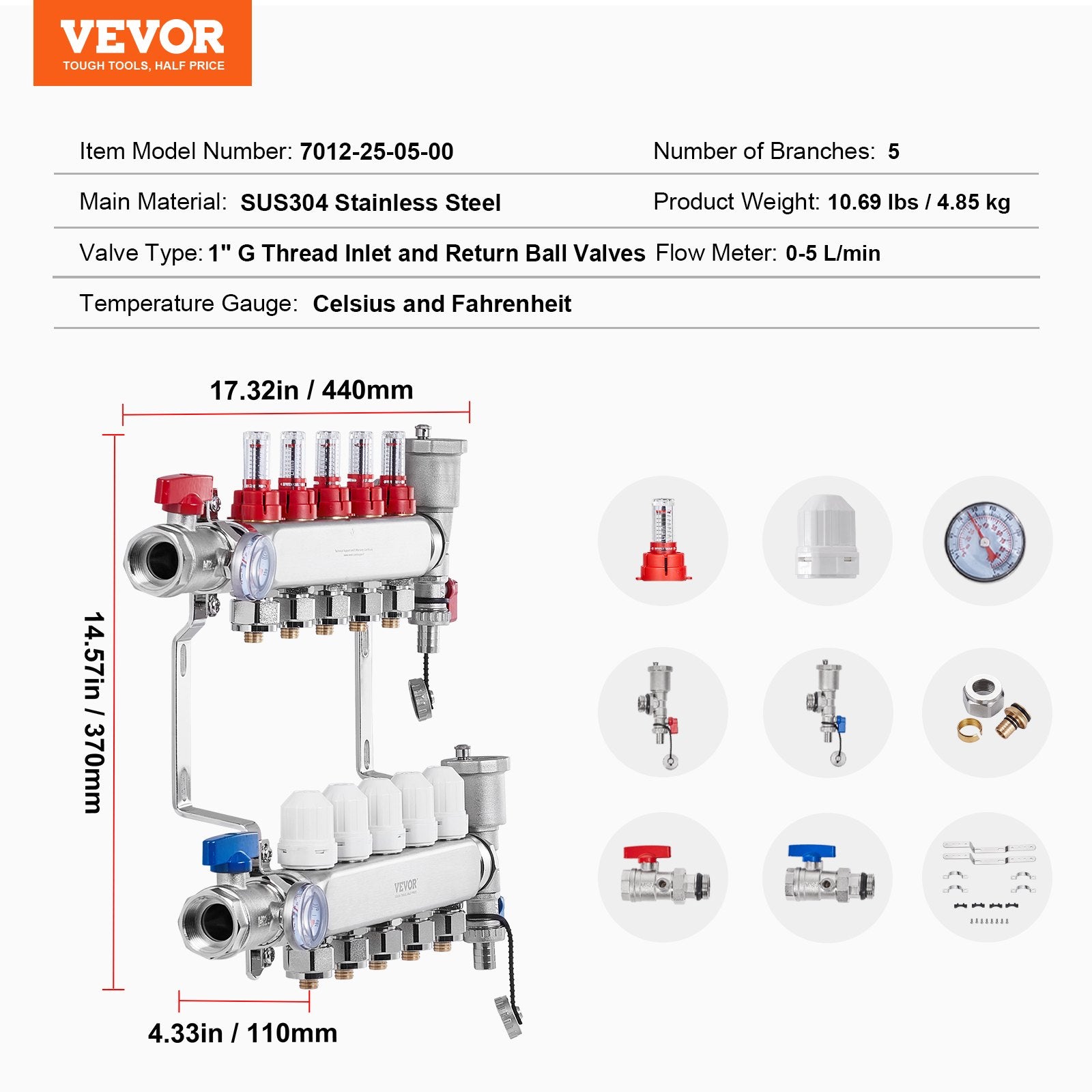 5-Branch Radiant Heat Manifold 1/2" PEX Stainless Steel Floor Heating Kit