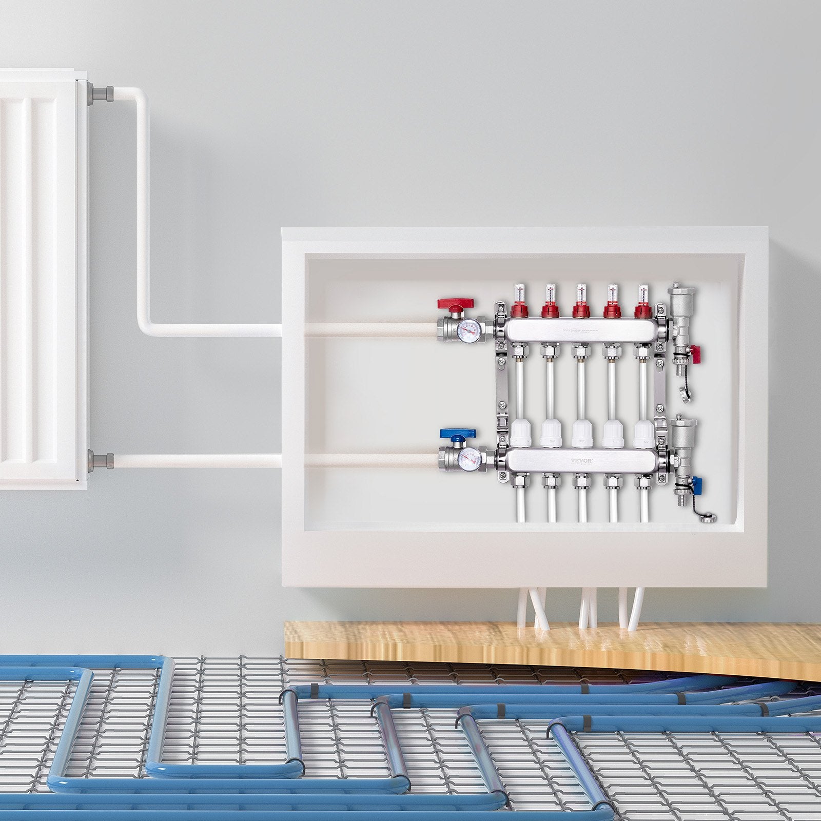 5-Branch Radiant Heat Manifold 1/2" PEX Stainless Steel Floor Heating Kit