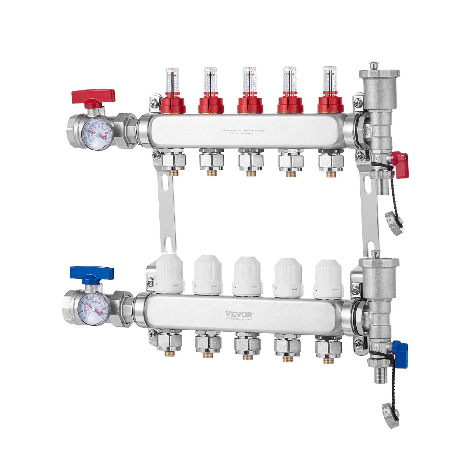 5-Branch Radiant Heat Manifold 1/2" PEX Stainless Steel Floor Heating Kit