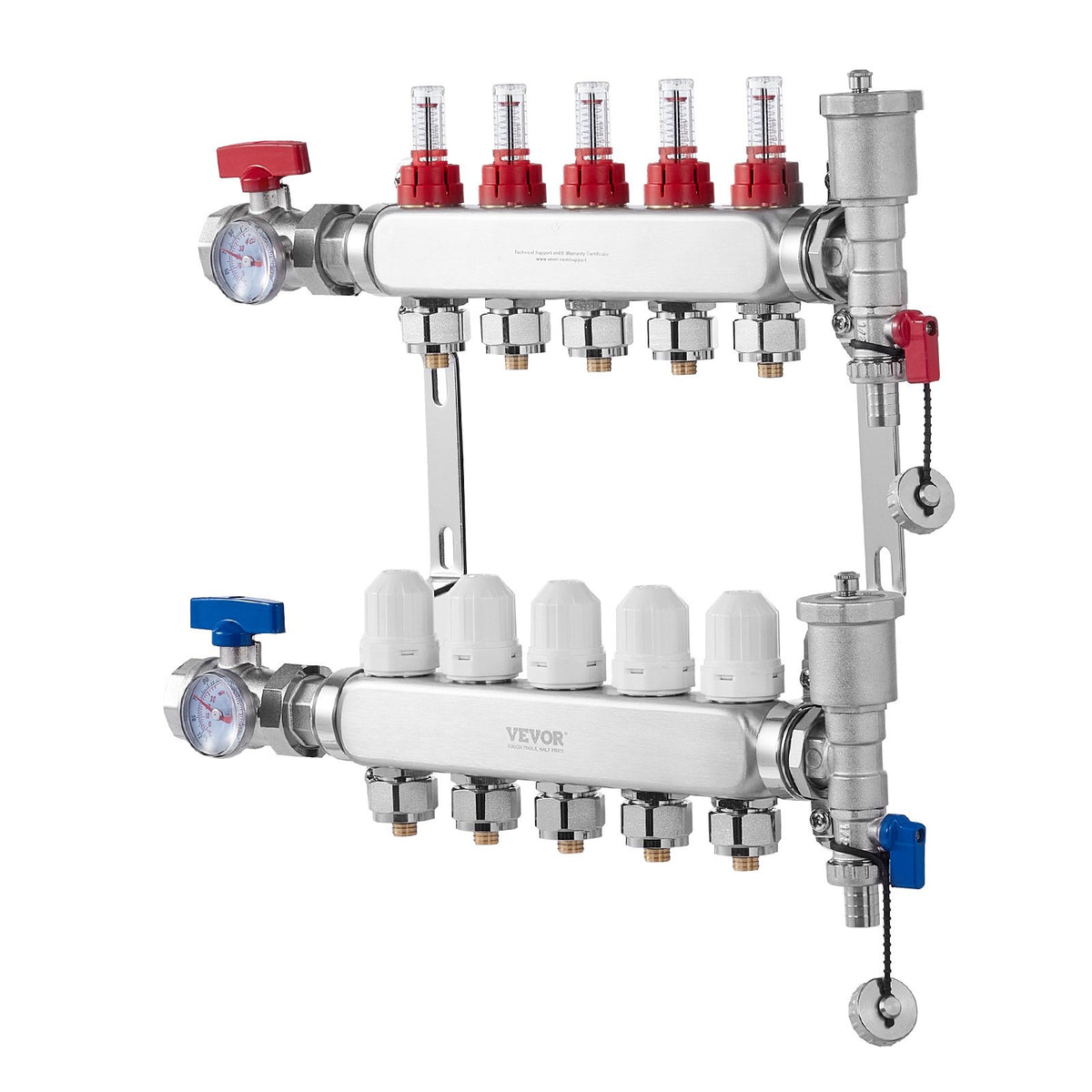 5-Branch Radiant Heat Manifold 1/2" PEX Stainless Steel Floor Heating Kit