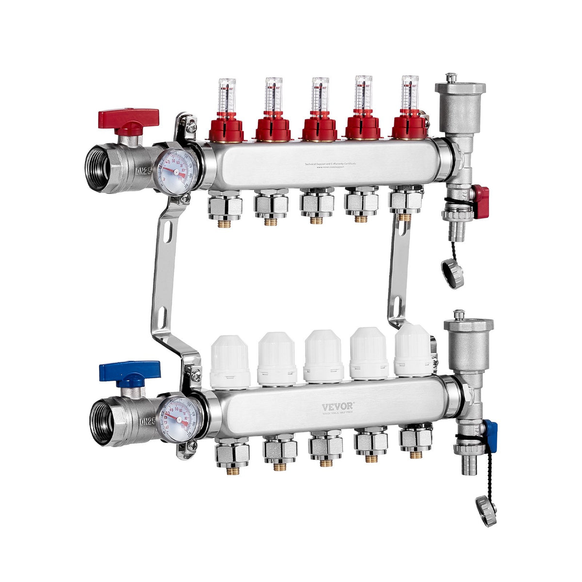 5-Branch Radiant Heat Manifold 1/2" PEX Stainless Steel Floor Heating Kit