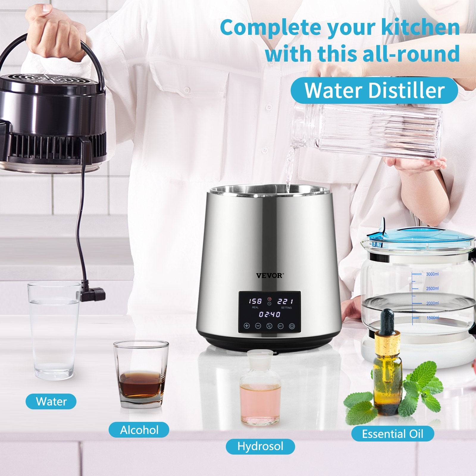 4L 1.1 Gal Brushed Stainless Steel Water Distiller Countertop Glass Container