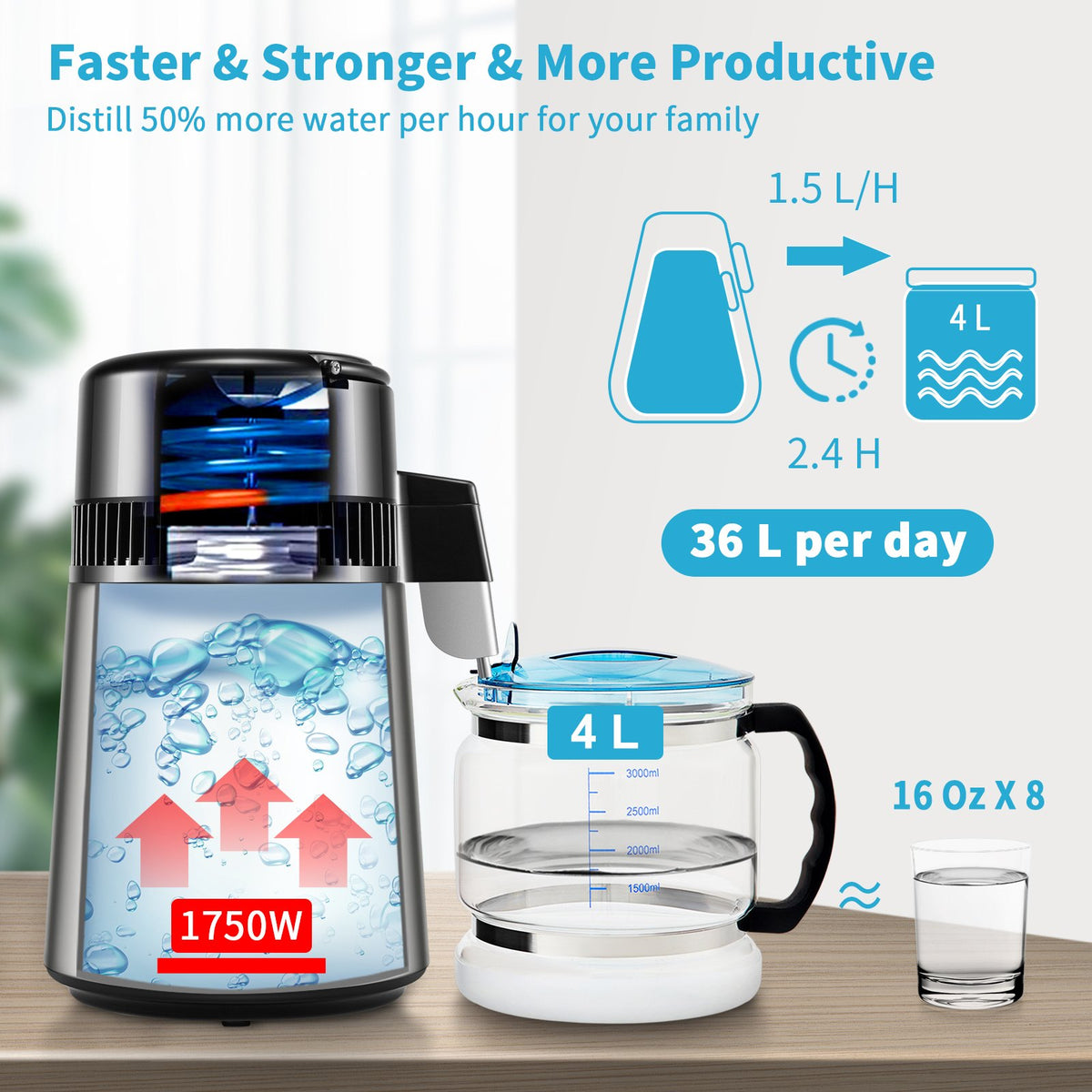 4L 1.1 Gal Brushed Stainless Steel Water Distiller Countertop Glass Container