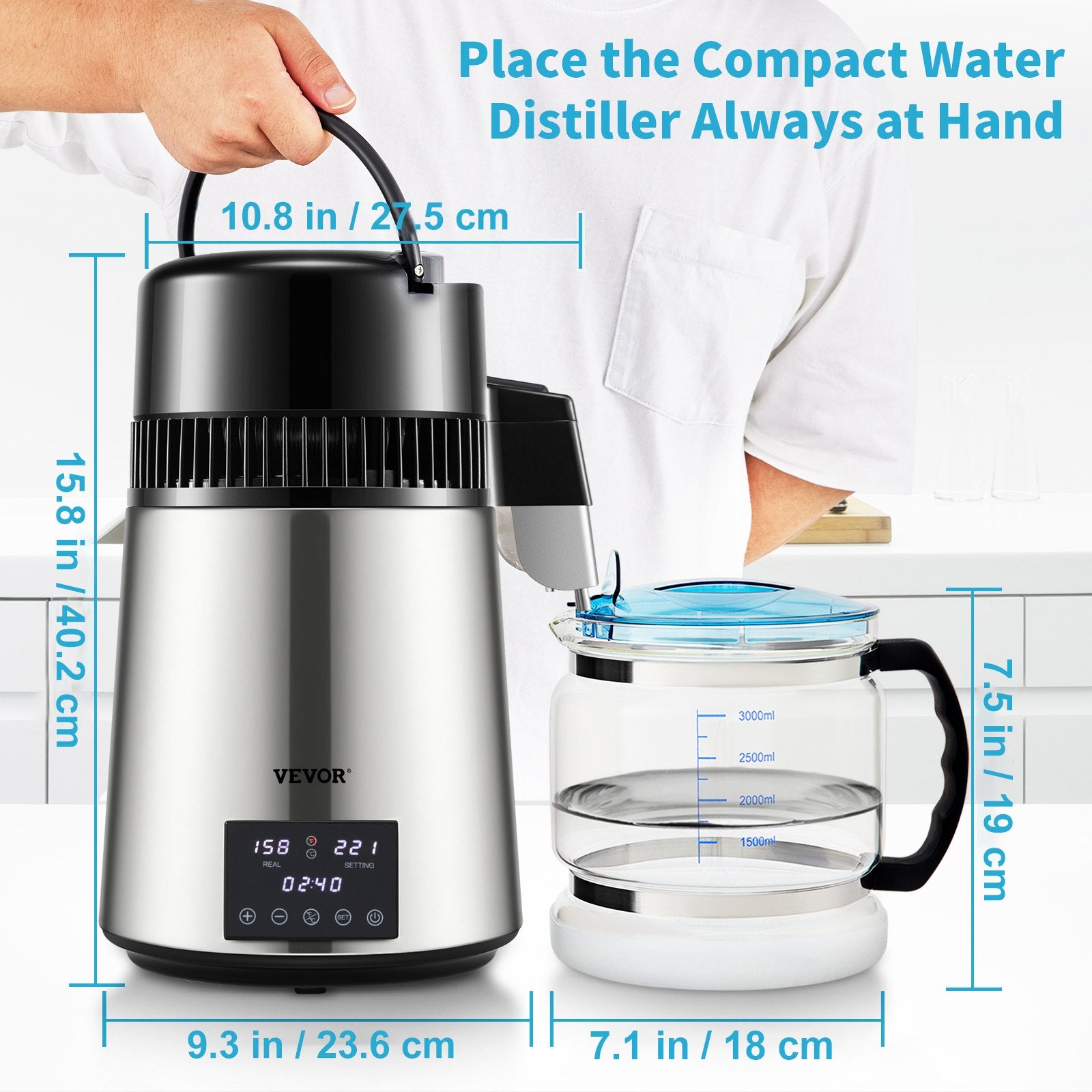 4L 1.1 Gal Brushed Stainless Steel Water Distiller Countertop Glass Container