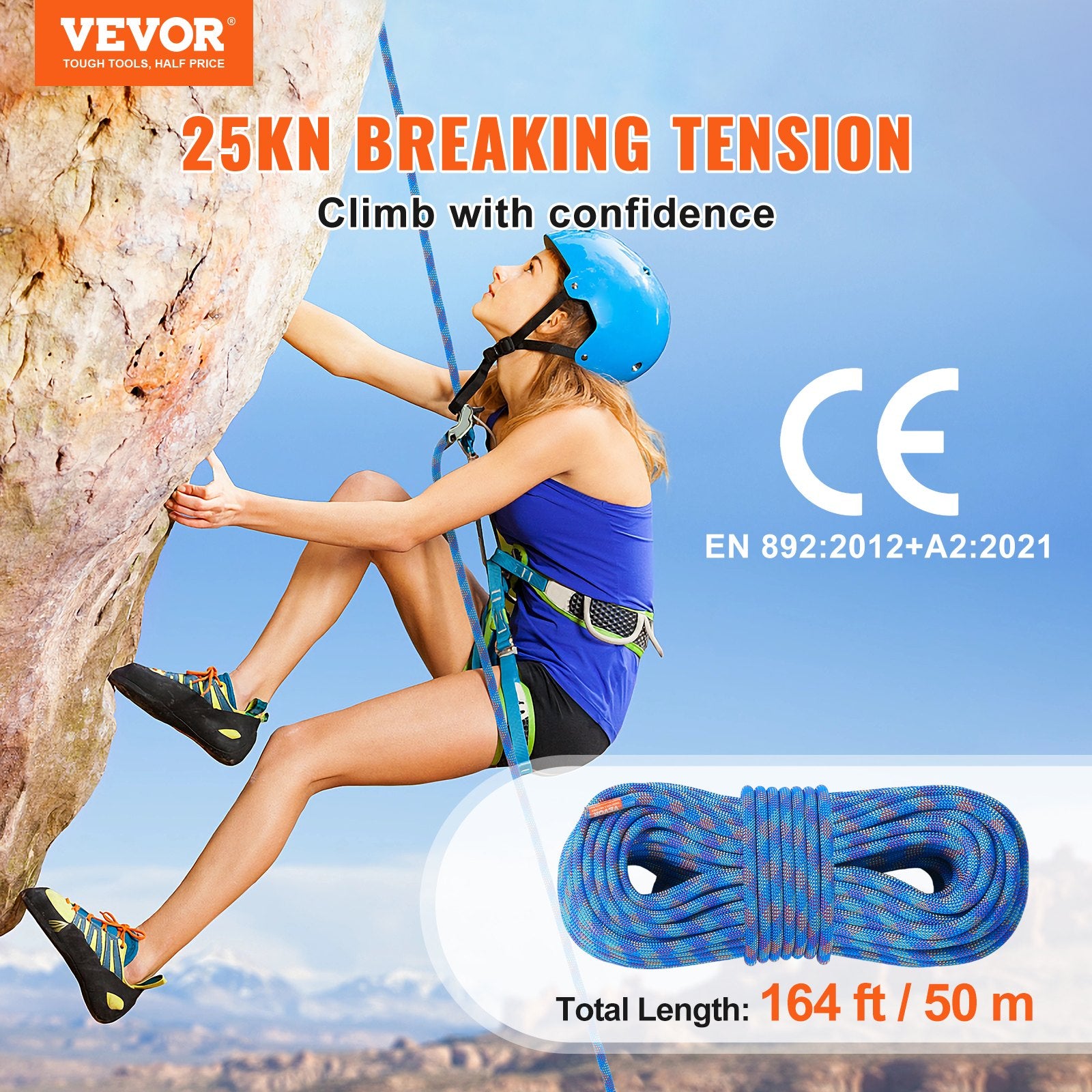 Dynamic Climbing Rope 10.2mm 50M 25KN Rock Rope Steel Snap Hooks Blue