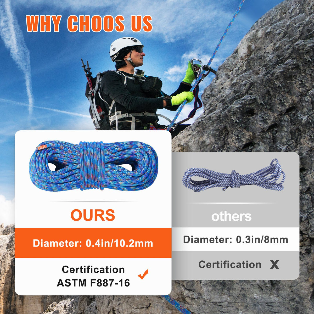 Dynamic Climbing Rope 10.2mm 50M 25KN Rock Rope Steel Snap Hooks Blue