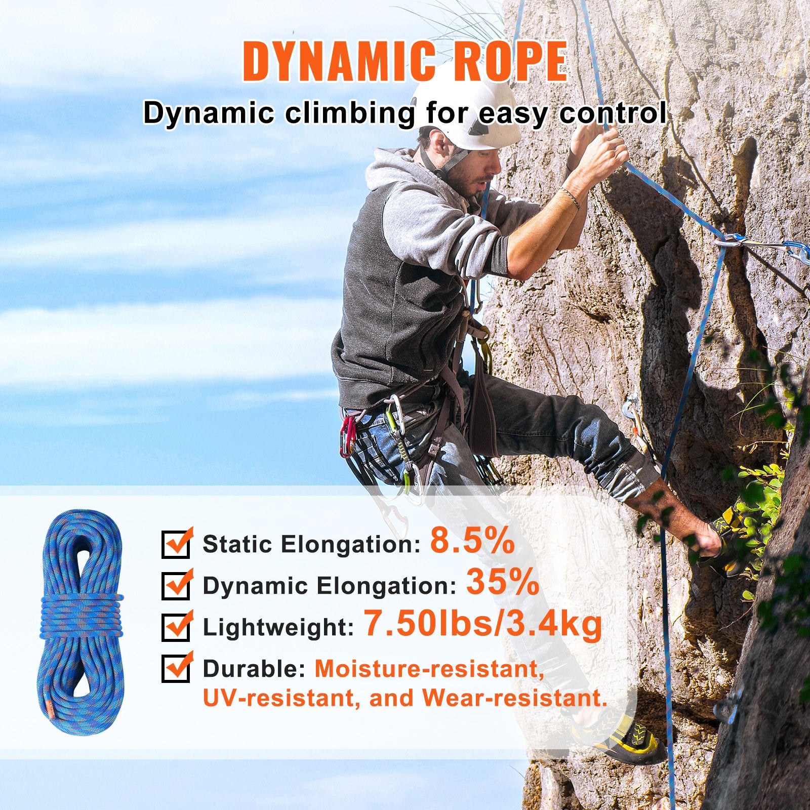 Dynamic Climbing Rope 10.2mm 50M 25KN Rock Rope Steel Snap Hooks Blue