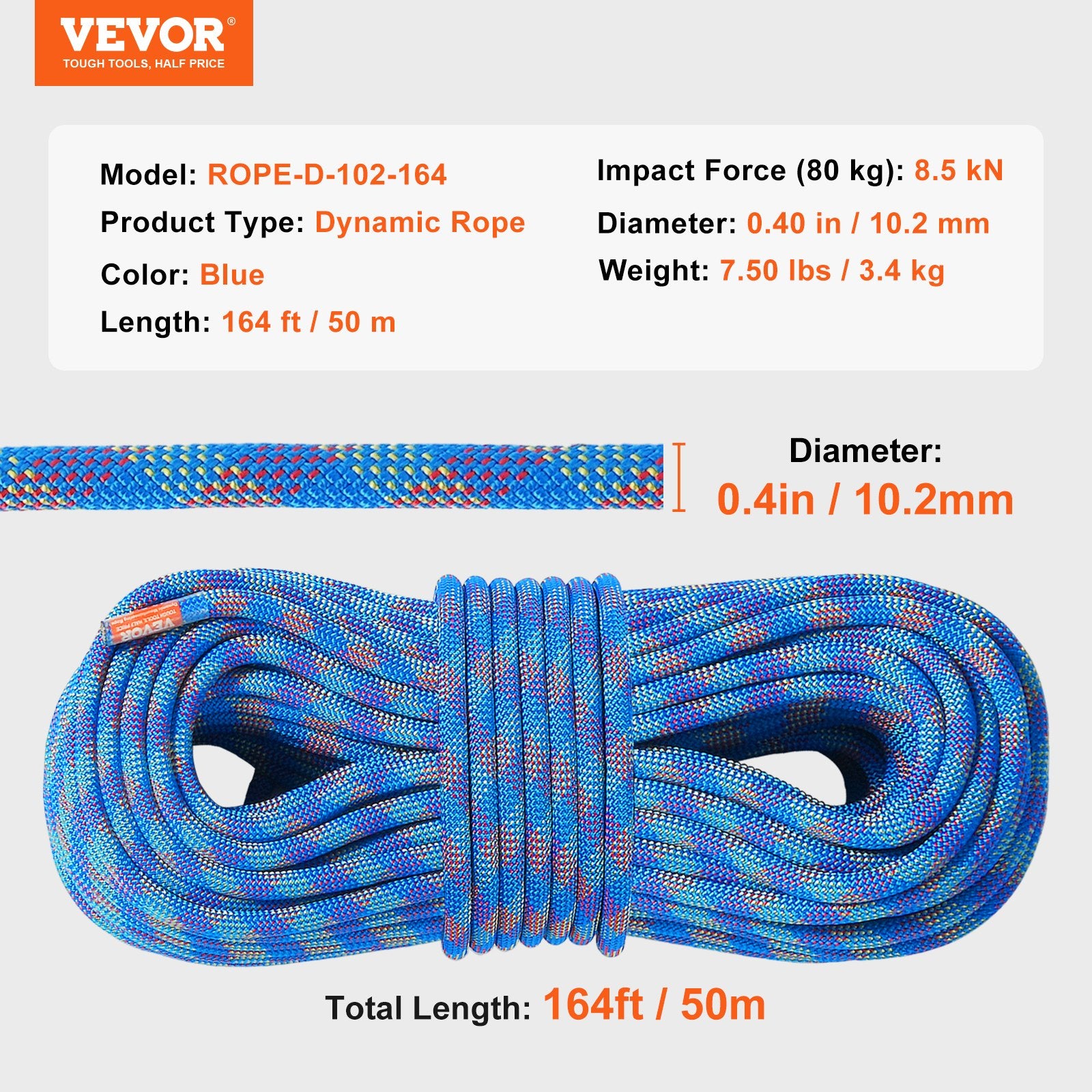 Dynamic Climbing Rope 10.2mm 50M 25KN Rock Rope Steel Snap Hooks Blue