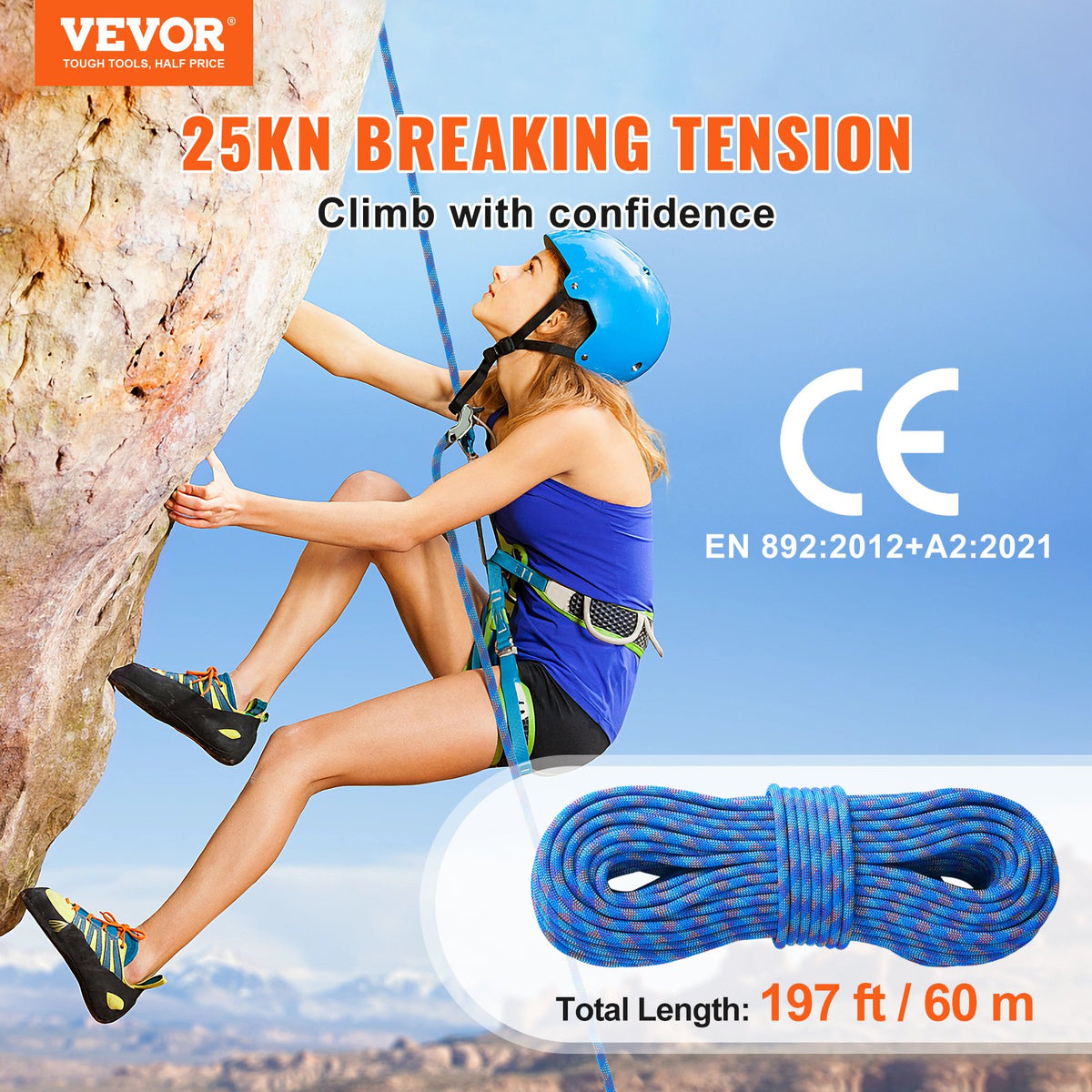 Dynamic Climbing Rope 10.2mm 60M 25KN Outdoor Rock Rope Steel Snap Hooks Blue