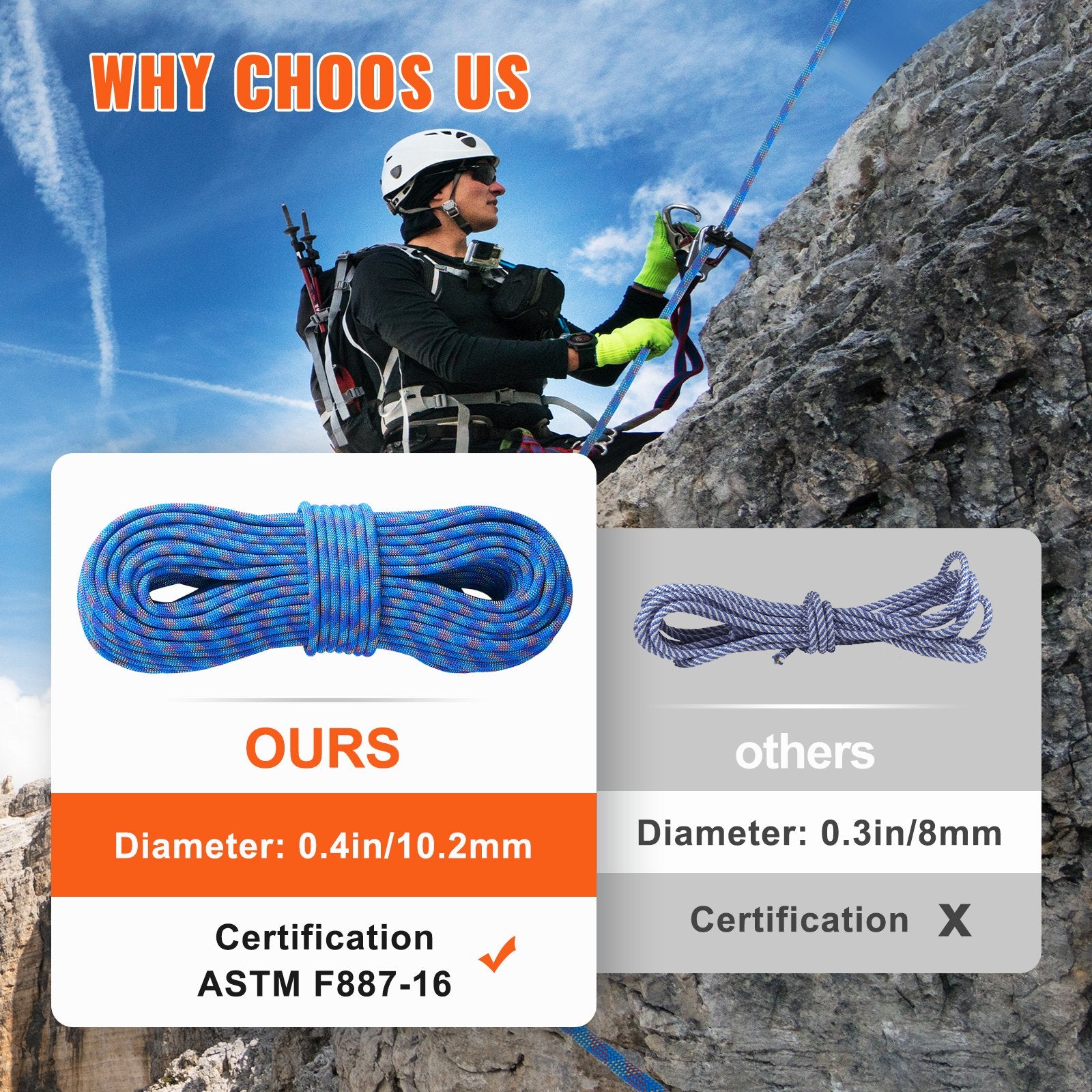 Dynamic Climbing Rope 10.2mm 60M 25KN Outdoor Rock Rope Steel Snap Hooks Blue