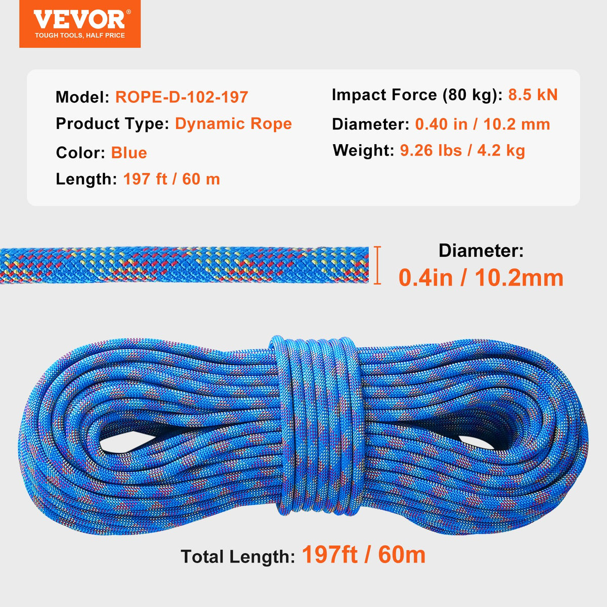 Dynamic Climbing Rope 10.2mm 60M 25KN Outdoor Rock Rope Steel Snap Hooks Blue