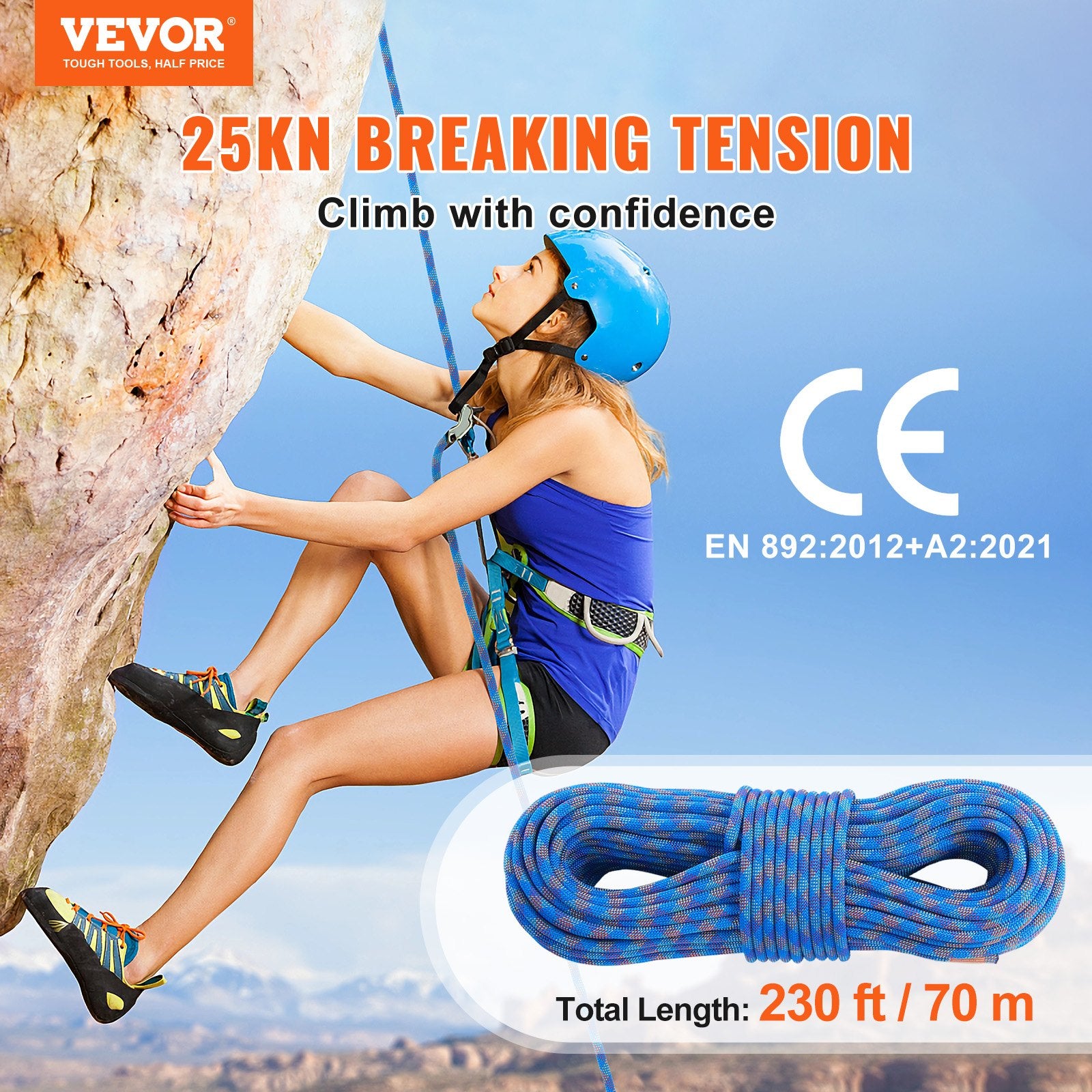 Dynamic Climbing Rope 10.2mm 70M 25KN Rock Rope Steel Snap Hooks Blue
