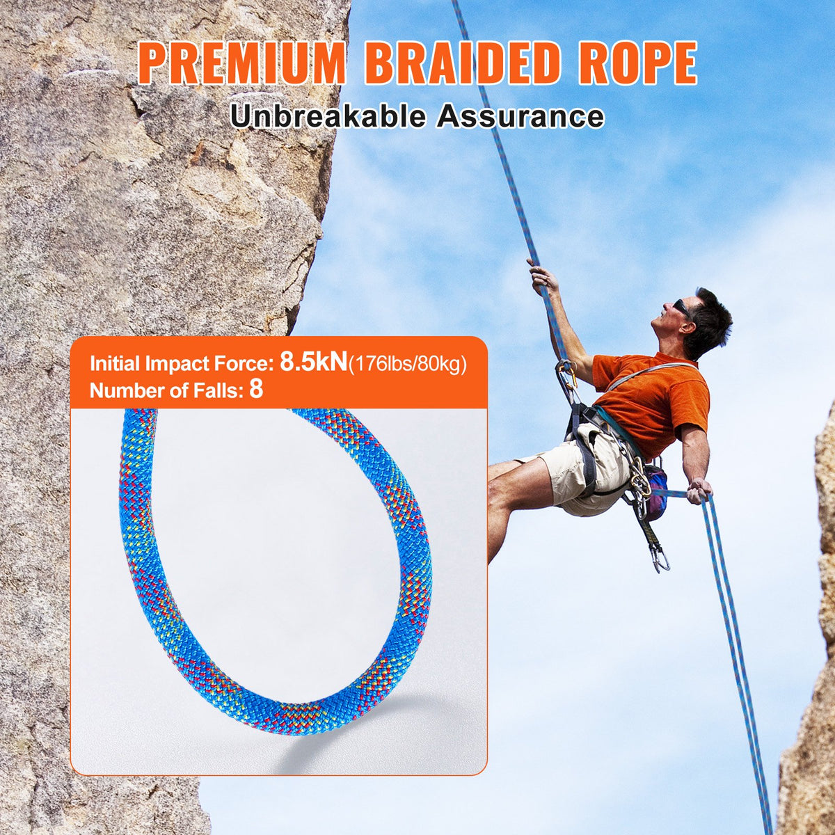 Dynamic Climbing Rope 10.2mm 70M 25KN Rock Rope Steel Snap Hooks Blue