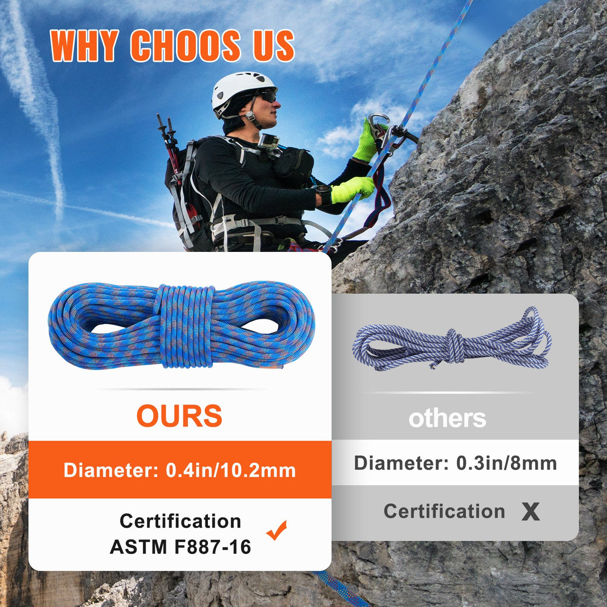 Dynamic Climbing Rope 10.2mm 70M 25KN Rock Rope Steel Snap Hooks Blue