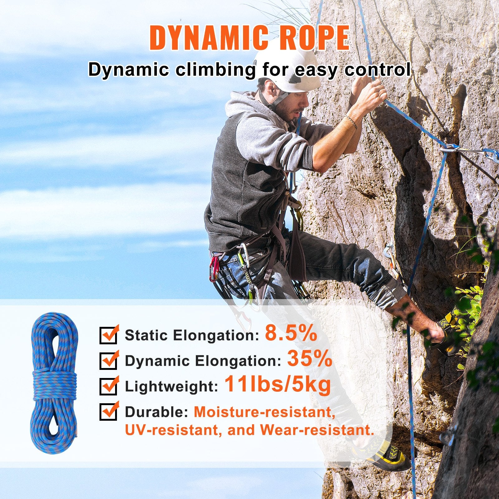 Dynamic Climbing Rope 10.2mm 70M 25KN Rock Rope Steel Snap Hooks Blue