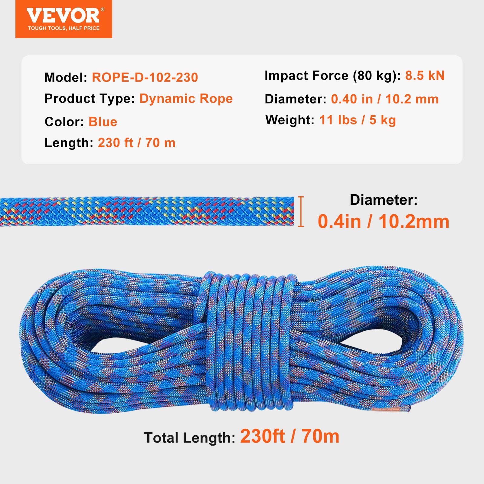 Dynamic Climbing Rope 10.2mm 70M 25KN Rock Rope Steel Snap Hooks Blue