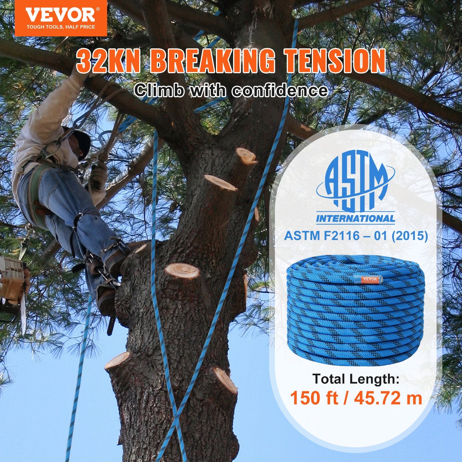 12.7mm Static Climbing Rope 45.7M 30KN Steel Snap Hooks Rappelling Rescue