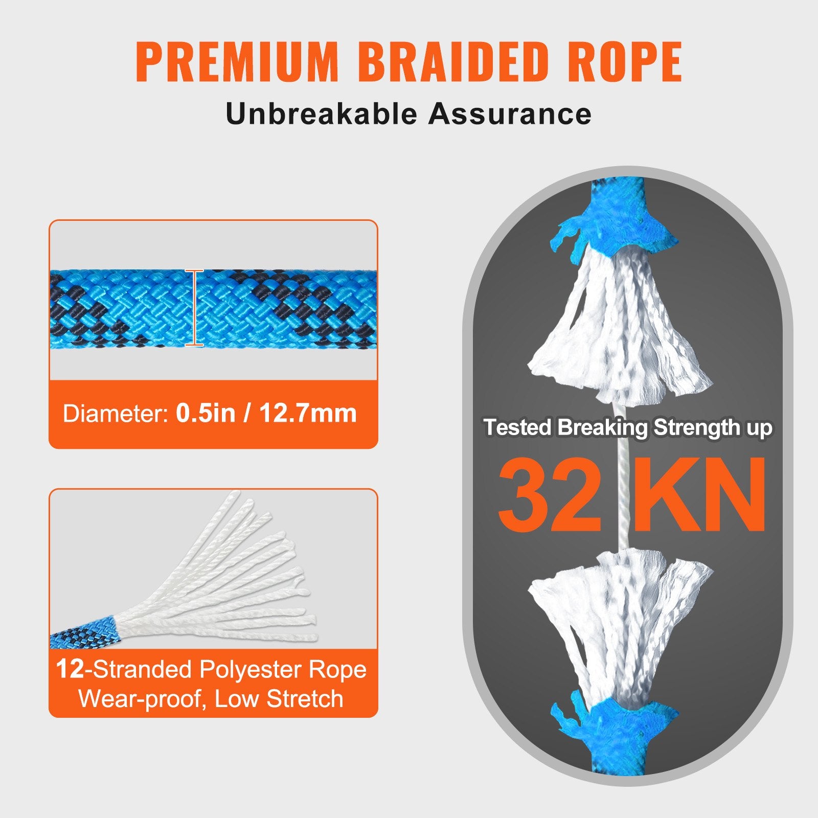 12.7mm Static Climbing Rope 45.7M 30KN Steel Snap Hooks Rappelling Rescue