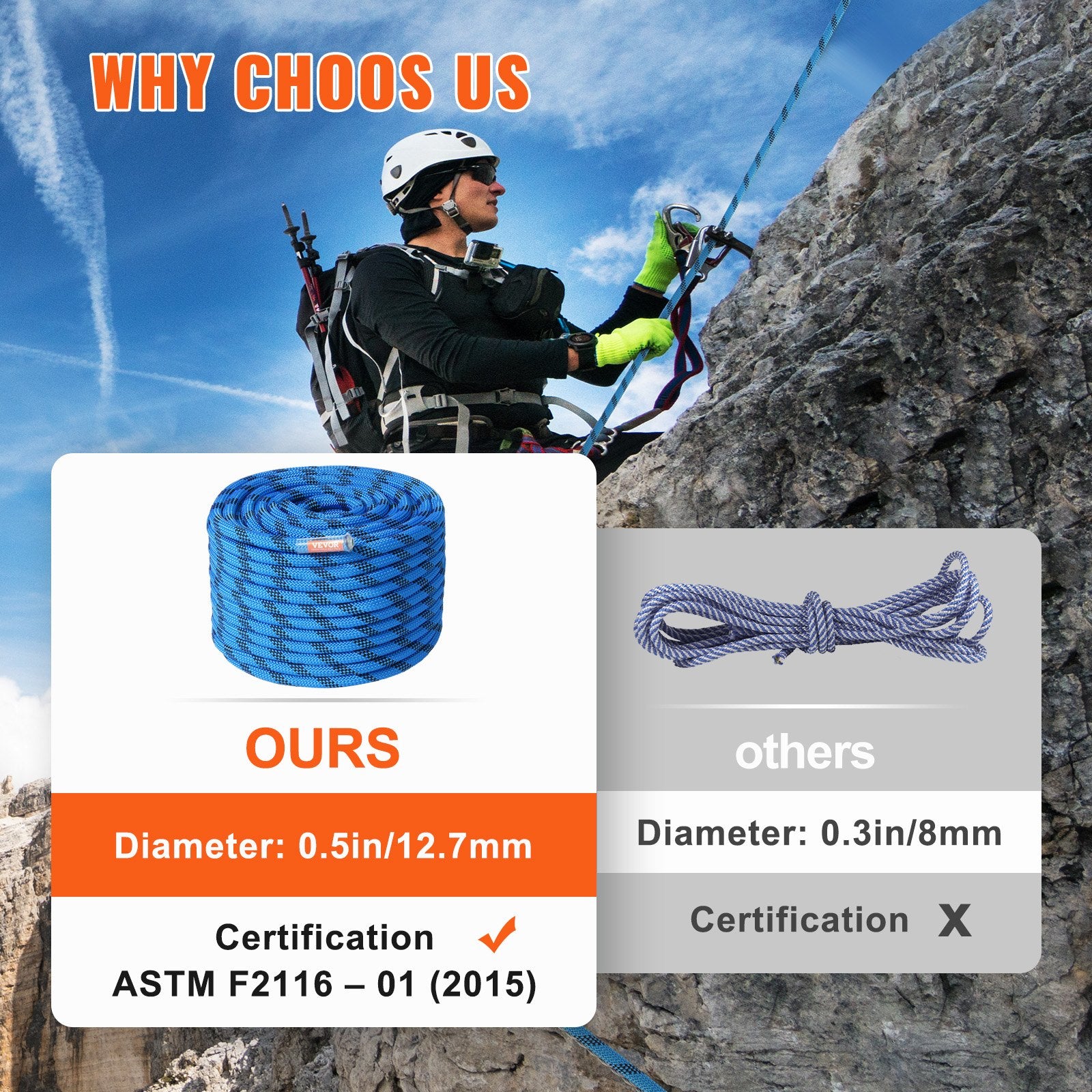 12.7mm Static Climbing Rope 45.7M 30KN Steel Snap Hooks Rappelling Rescue