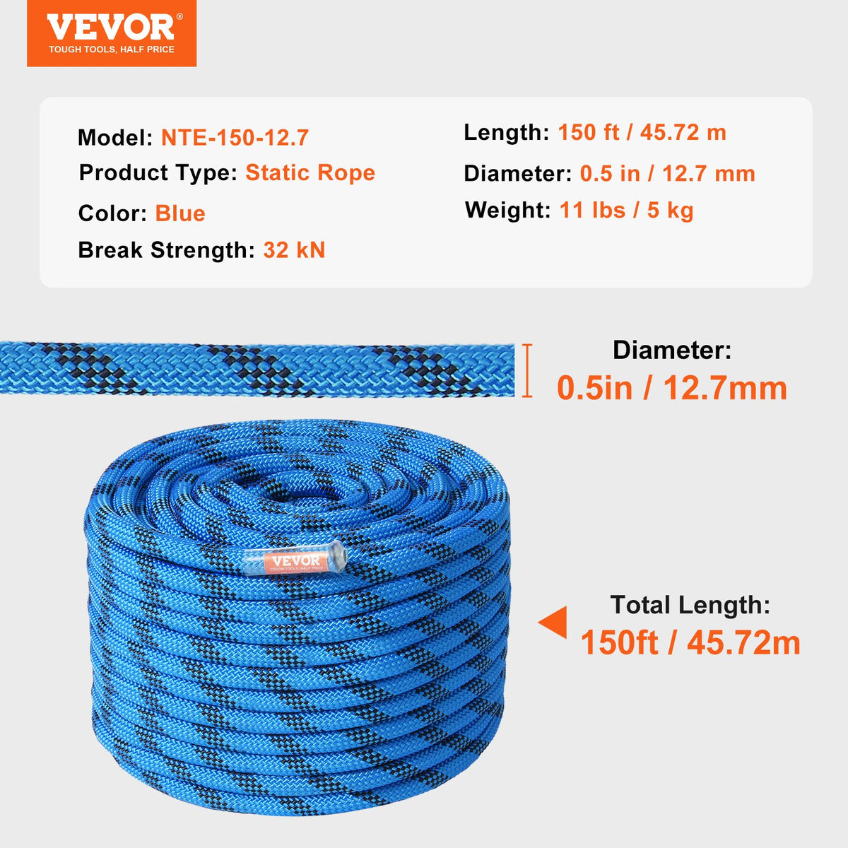 12.7mm Static Climbing Rope 45.7M 30KN Steel Snap Hooks Rappelling Rescue