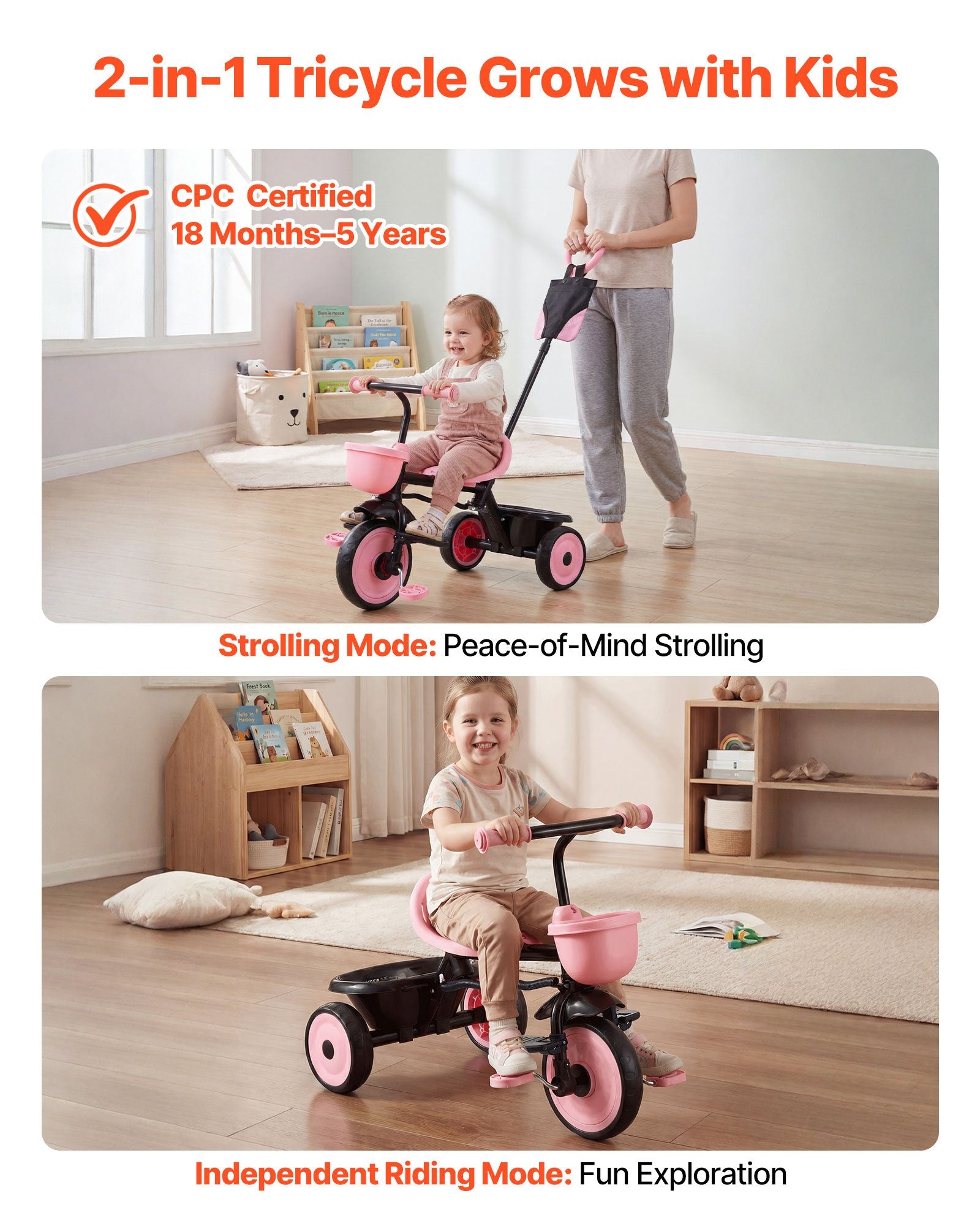 Toddler Tricycle & Stroller w/ Push Handle Adjustable Seat for Ages 18M-5Y