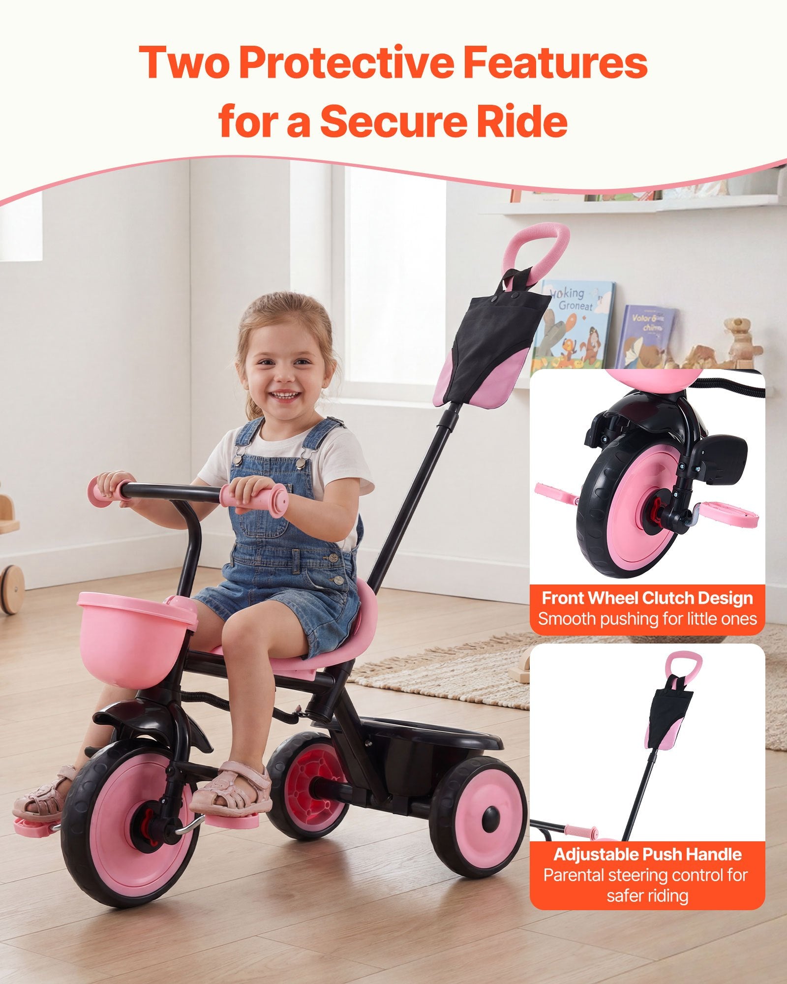 Toddler Tricycle & Stroller w/ Push Handle Adjustable Seat for Ages 18M-5Y