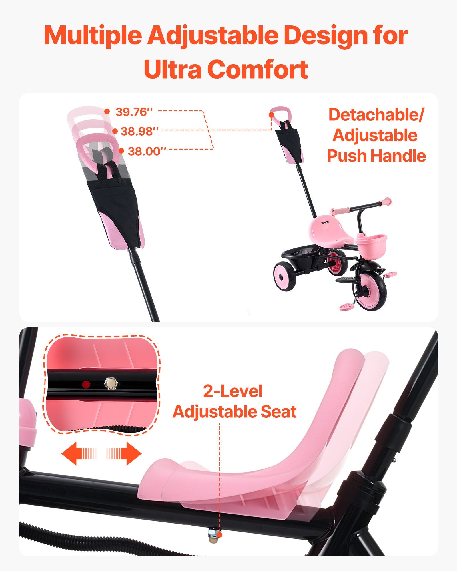 Toddler Tricycle & Stroller w/ Push Handle Adjustable Seat for Ages 18M-5Y