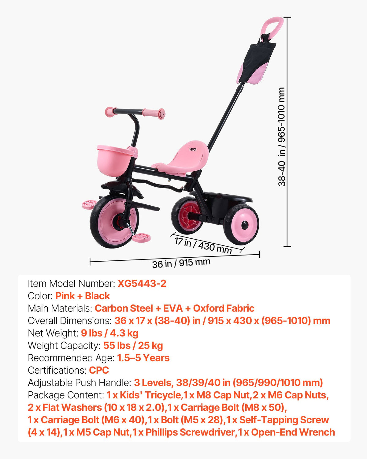 Toddler Tricycle & Stroller w/ Push Handle Adjustable Seat for Ages 18M-5Y