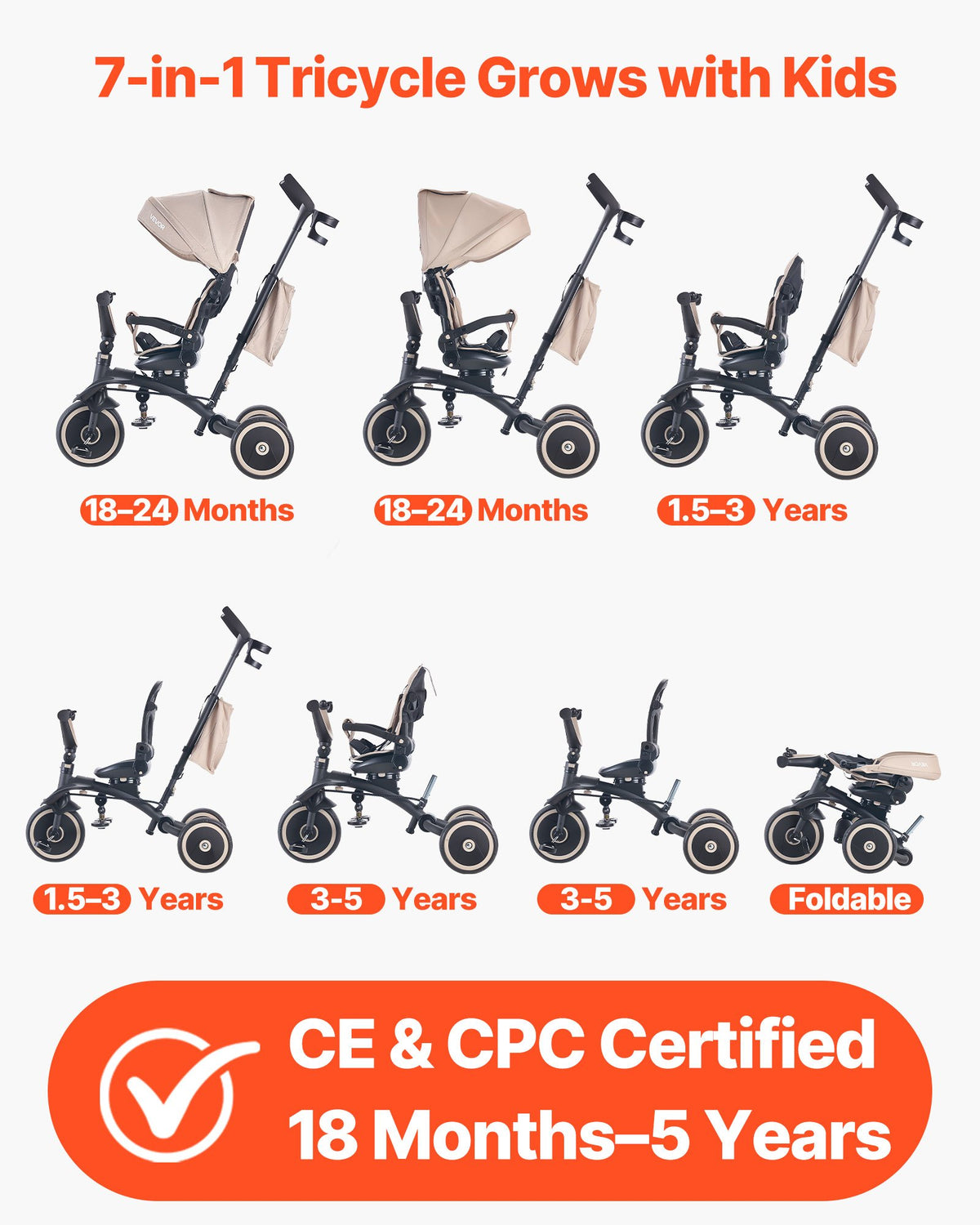 Toddler Tricycle 7-in-1 with Push Handle Canopy Rotating Seat for Boys Girls