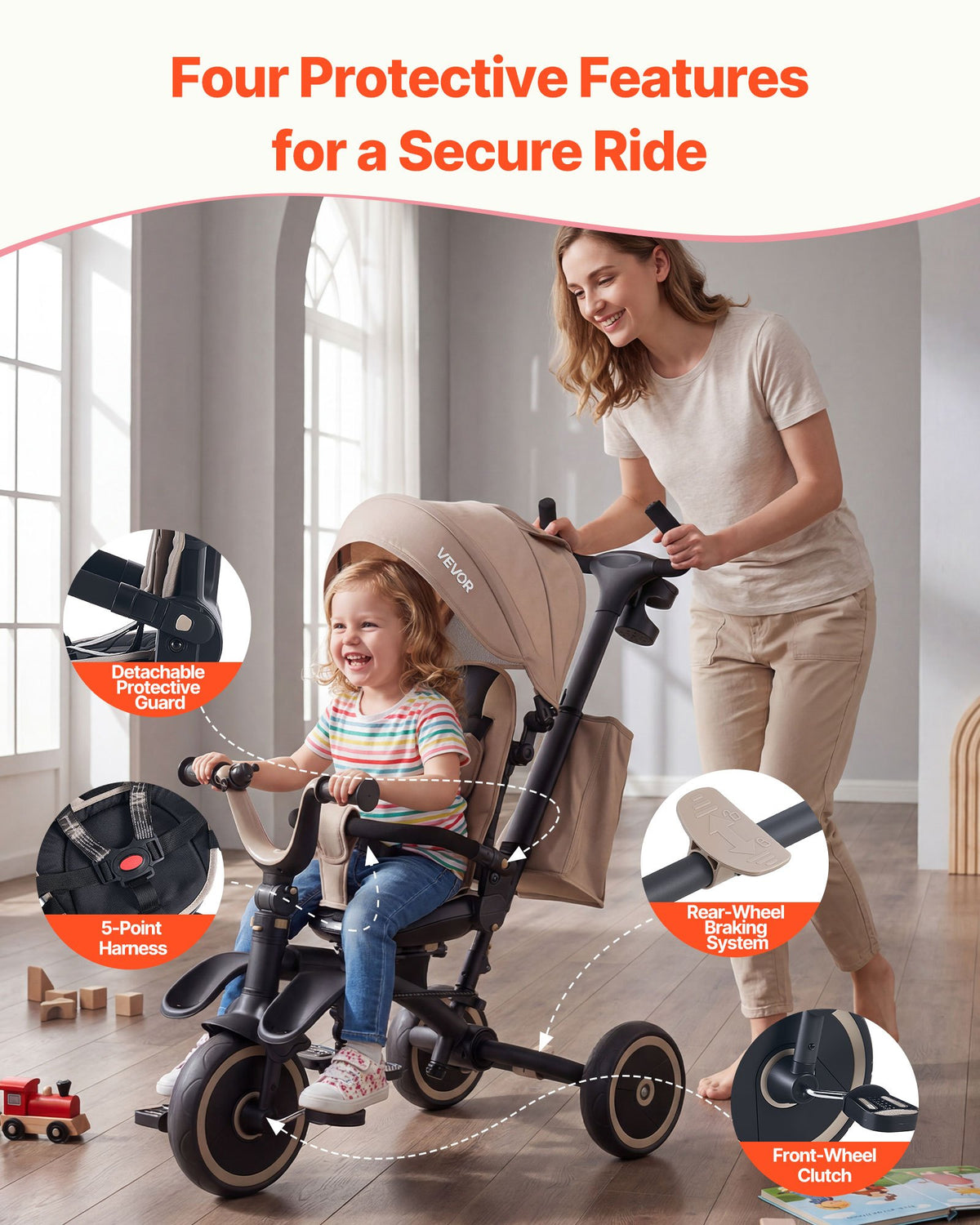 Toddler Tricycle 7-in-1 with Push Handle Canopy Rotating Seat for Boys Girls