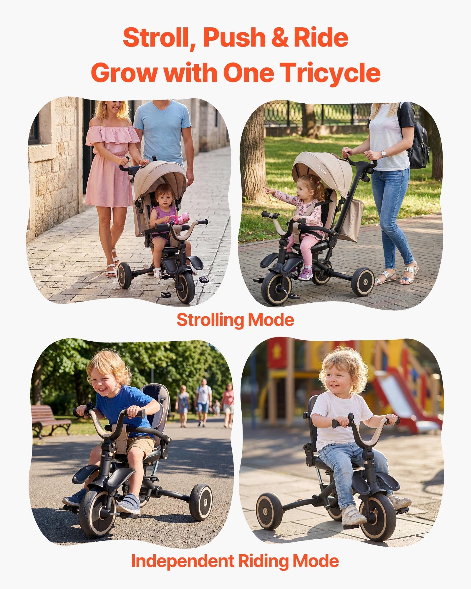 Toddler Tricycle 7-in-1 with Push Handle Canopy Rotating Seat for Boys Girls